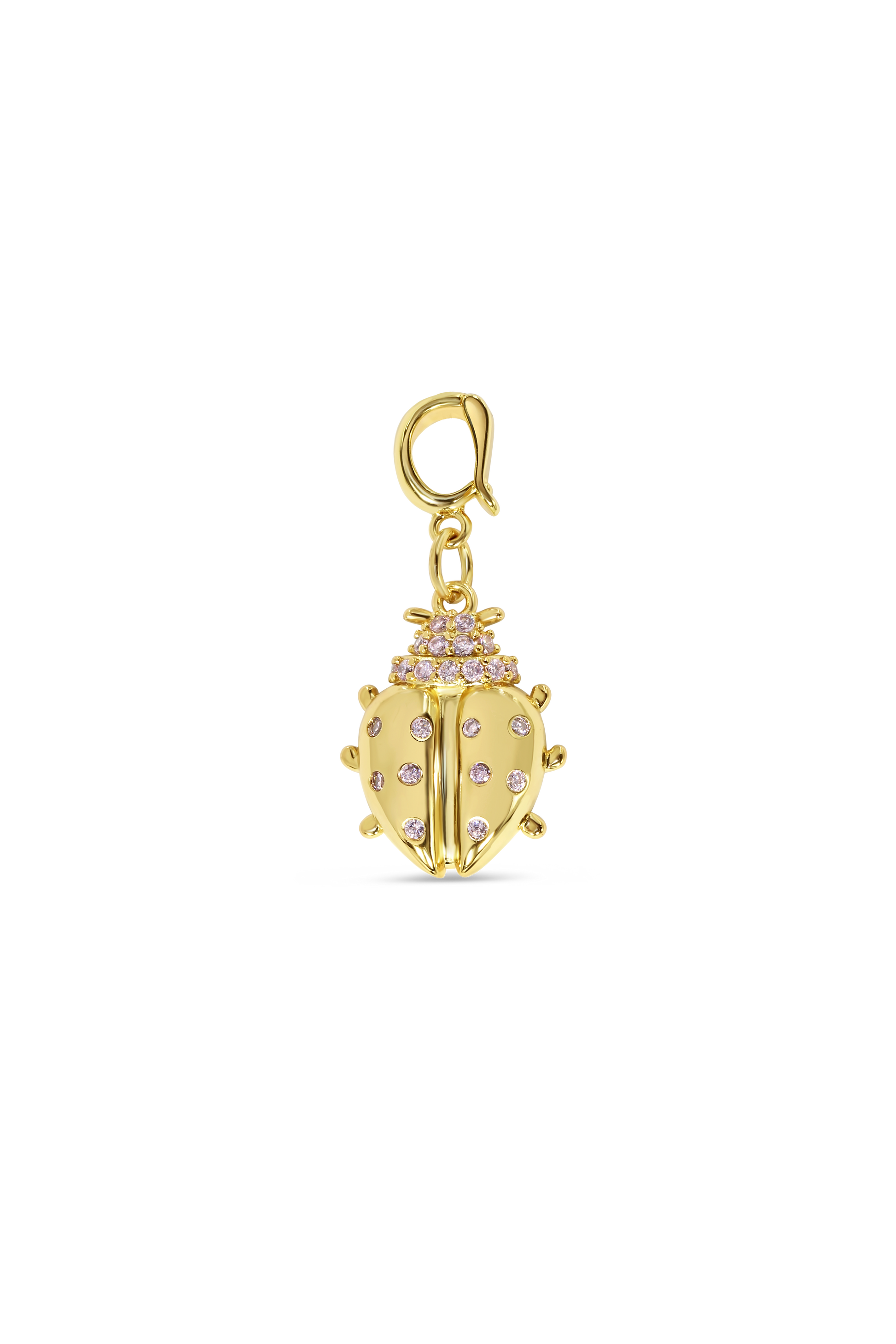 The South Moon Under Ladybug Charm is a gold ladybug-shaped pendant with a lobster clasp, featuring small clear gemstones on its back and top—ideal for customizing your Ladybug Charm bracelet. Displayed on a plain white background.