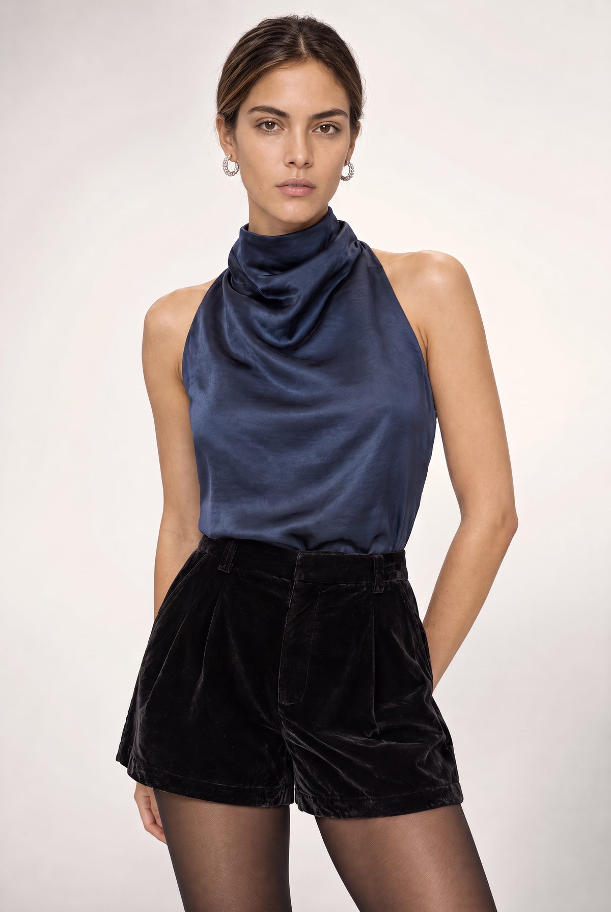 Lisa Satin Halter Top In Navy