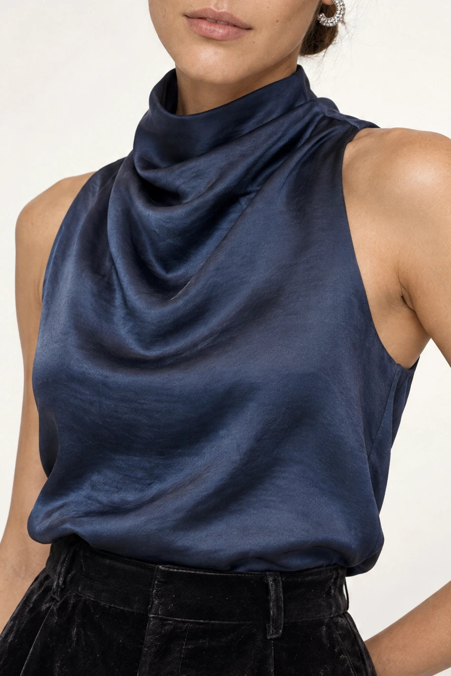 Lisa Satin Halter Top In Navy