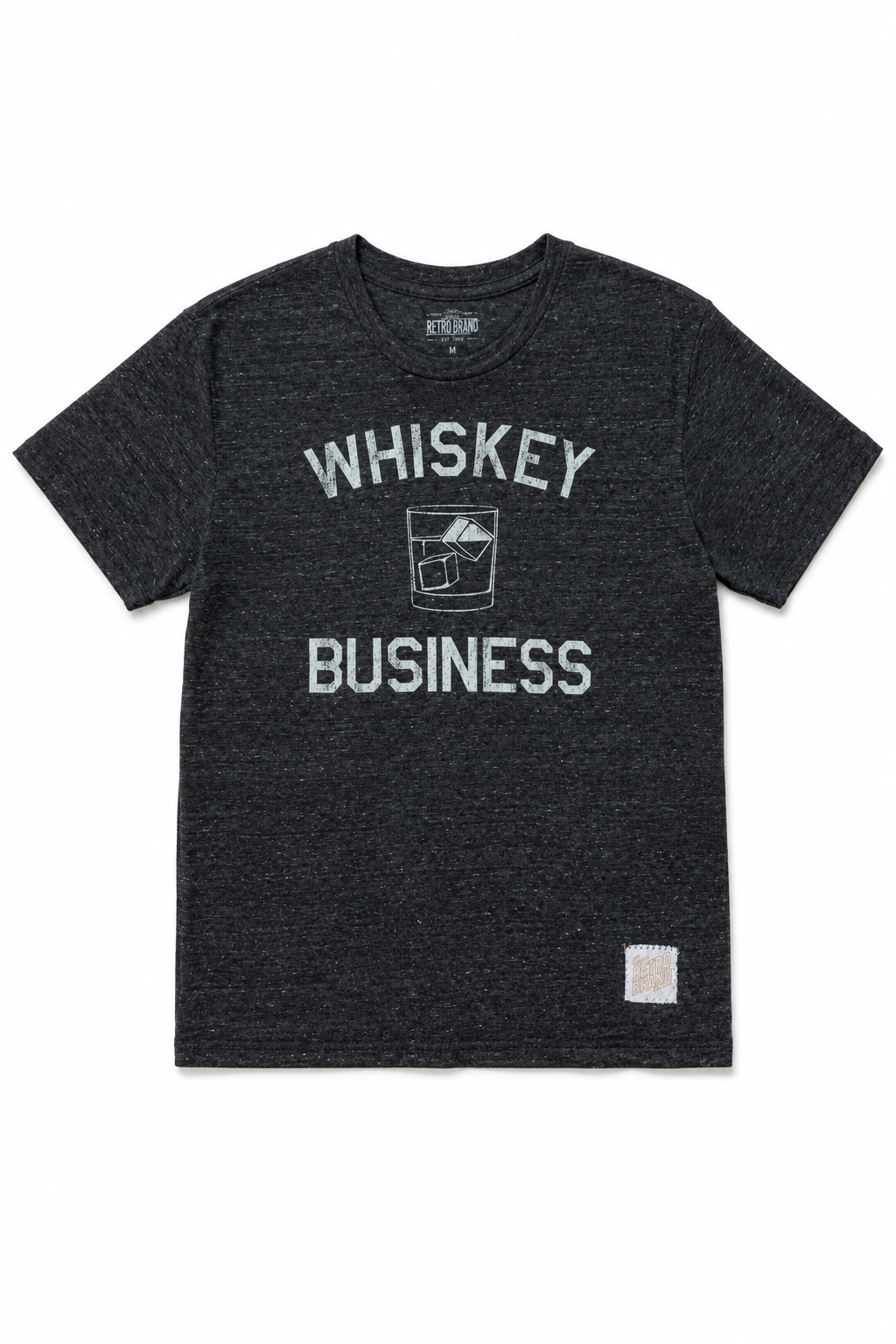 The Whiskey Business tee by Original Retro Brand is a black unisex shirt featuring the phrase "Whiskey Business" and a white whiskey glass with ice, finished with a ribbed knit crew neckline for comfort.