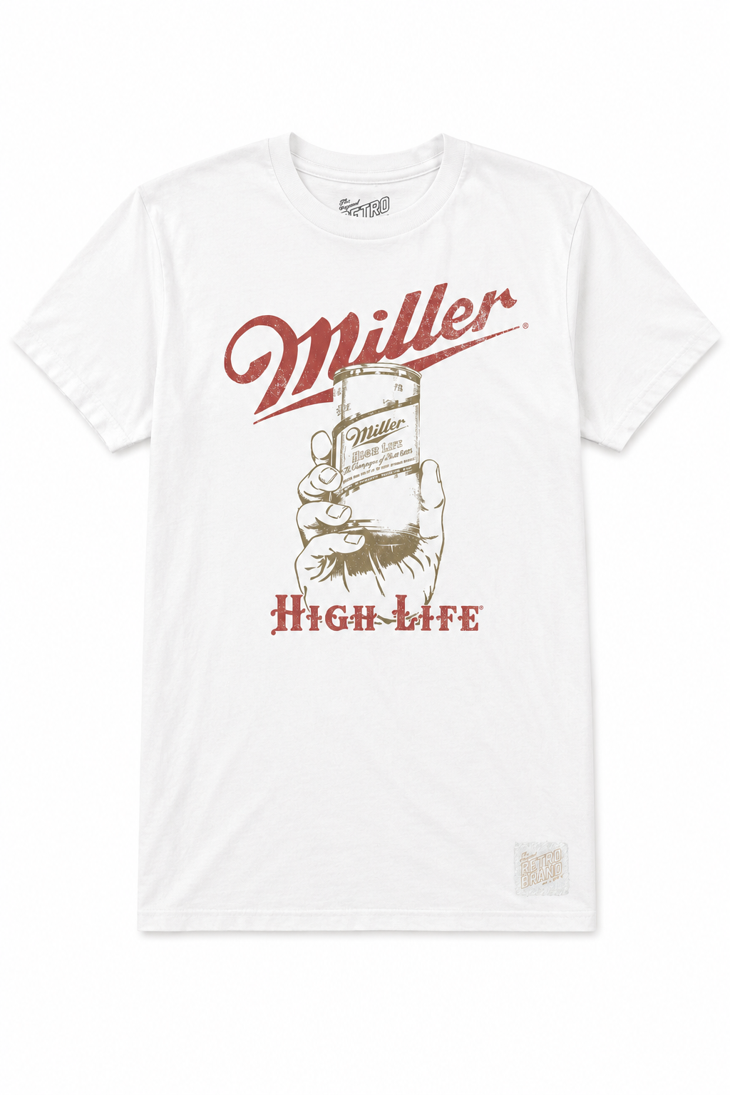 The Miller High Life Beer Hand tee by Original Retro Brand is a white trim-fit unisex shirt with a vintage hand-and-beer-can graphic, red "Miller" above and "High Life" below, and a ribbed knit crew neckline for comfort.
