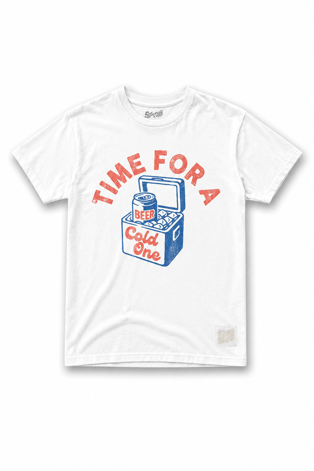 The Original Retro Brand "Time For A Cold One" tee is a super soft, trim fit white shirt with red "TIME FOR A" text above a blue and red cooler featuring a beer bottle and "Cold One" on the cooler.