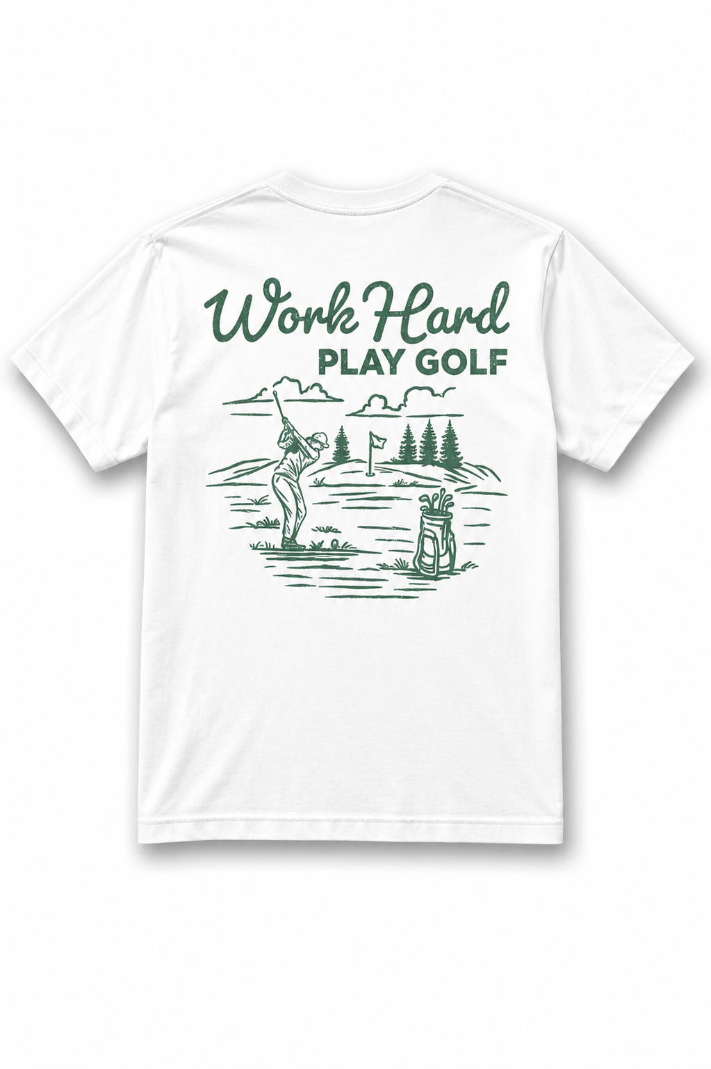 The Original Retro Brand Work Hard Play Golf tee is a white tri-blend shirt with a green back graphic of a golfer, “Work Hard” script, “PLAY GOLF” in bold, golf bag and flag. Super soft, tagless collar for comfort.