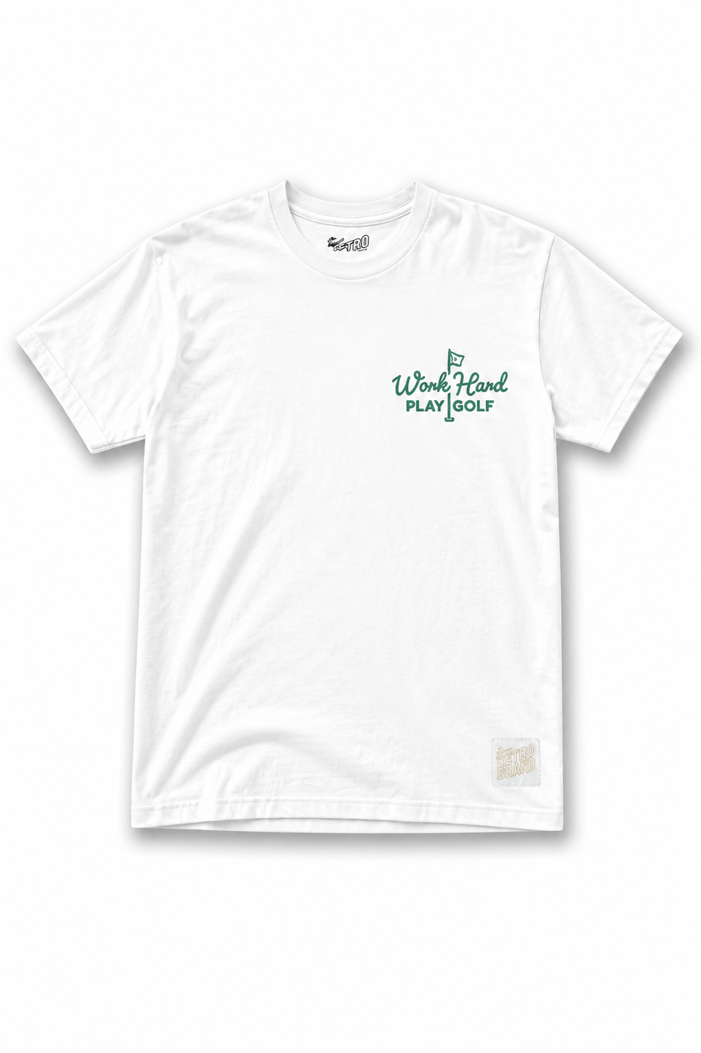 The Original Retro Brand "Work Hard Play Golf" tee is a white tri-blend with green chest text and golf flag, super soft feel, tagless collar, and beige patch by the bottom hem.