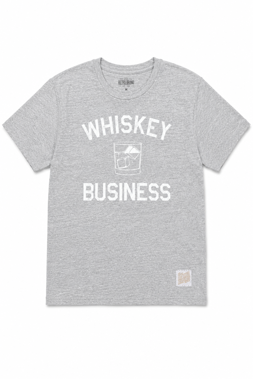 The Whiskey Business tee by Original Retro Brand is a grey unisex tri-blend with "WHISKEY BUSINESS" and a whiskey glass with ice in white, plus a comfy ribbed crew neckline.