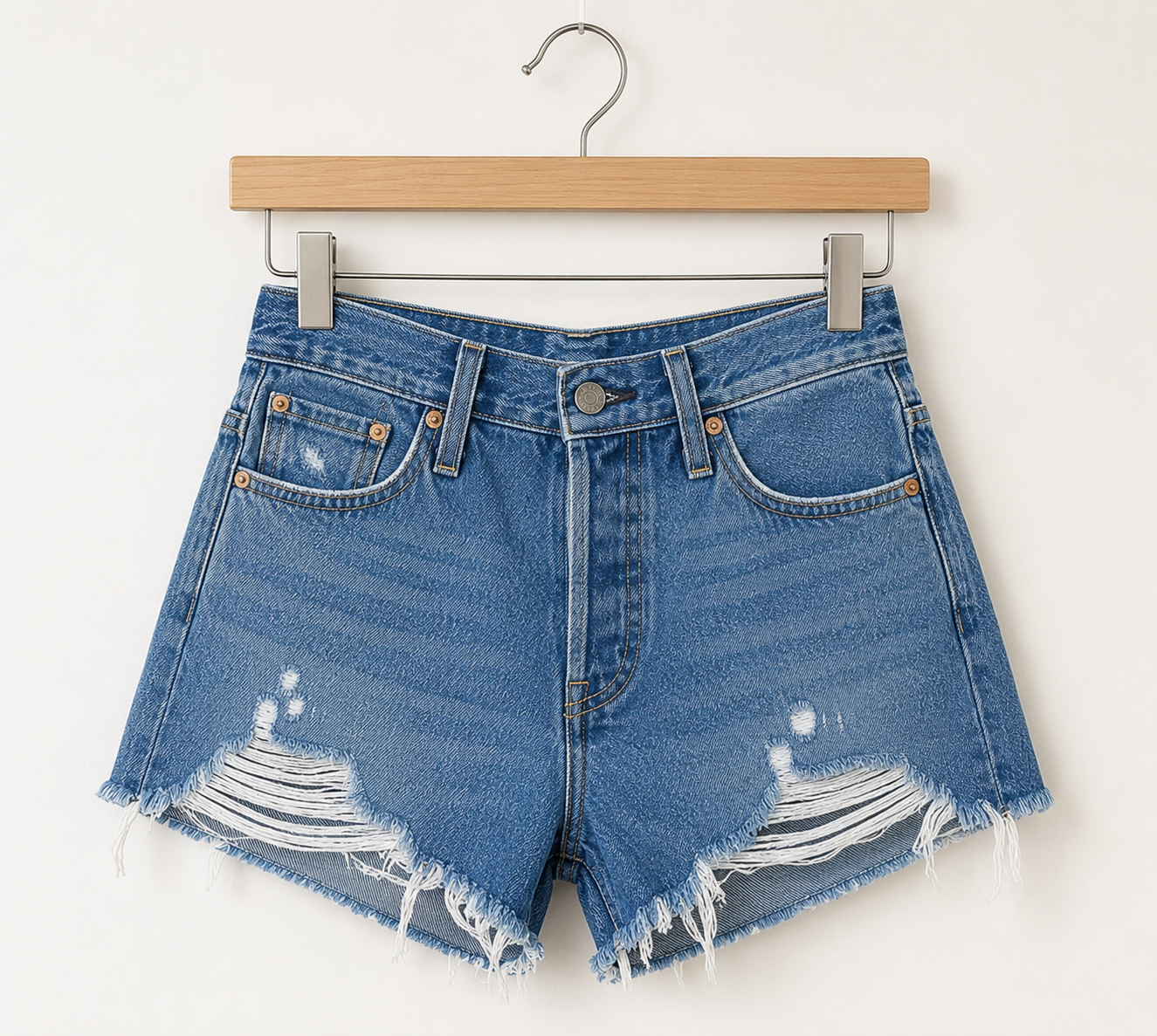 Levi’s 501 Original Short in Oxnard Athens—blue high-rise cotton denim shorts with distressed, frayed hems and front rips—hangs on a wooden hanger against a plain light background.
