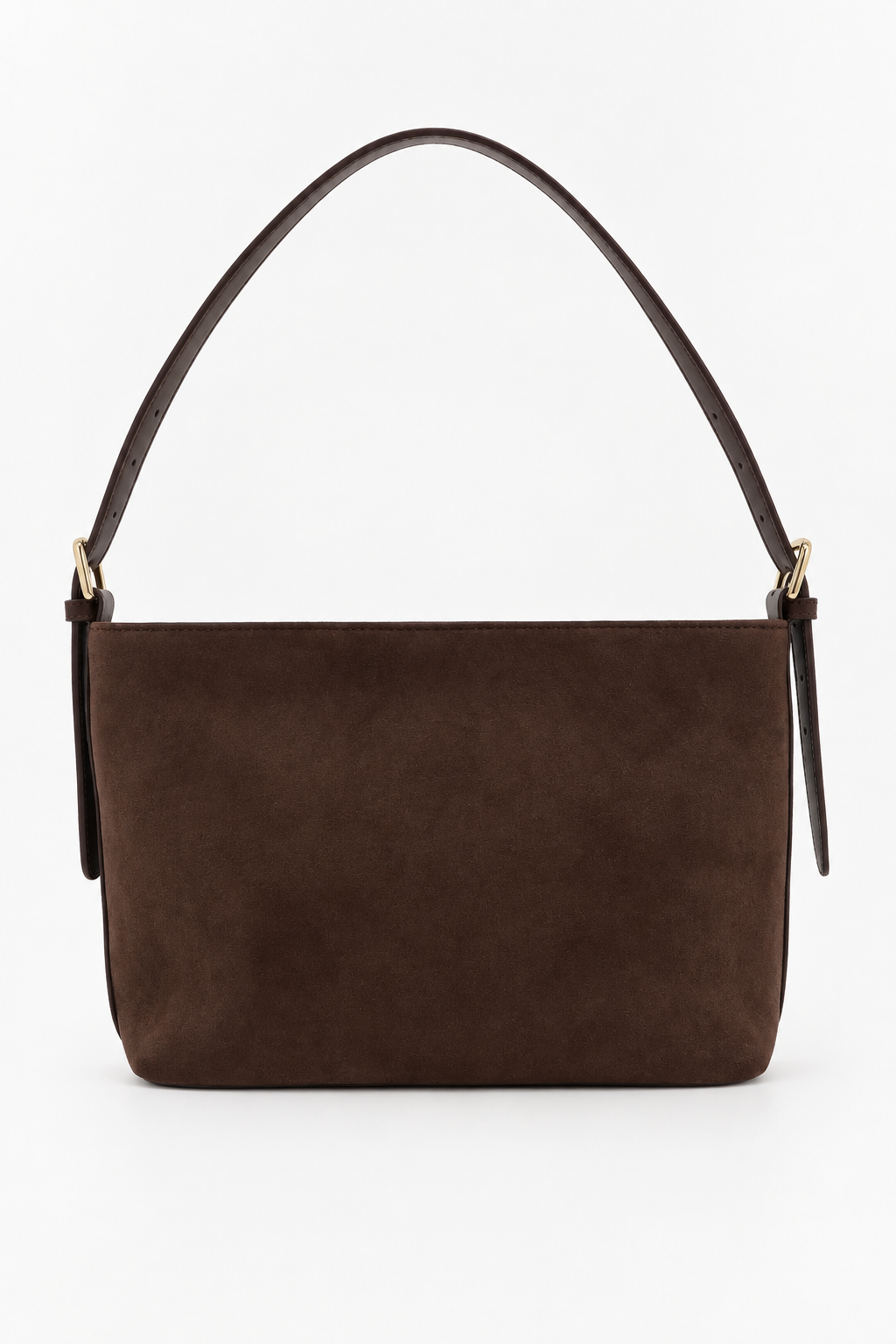 Brown suede shoulder bag with curved handle and gold-tone hardware.