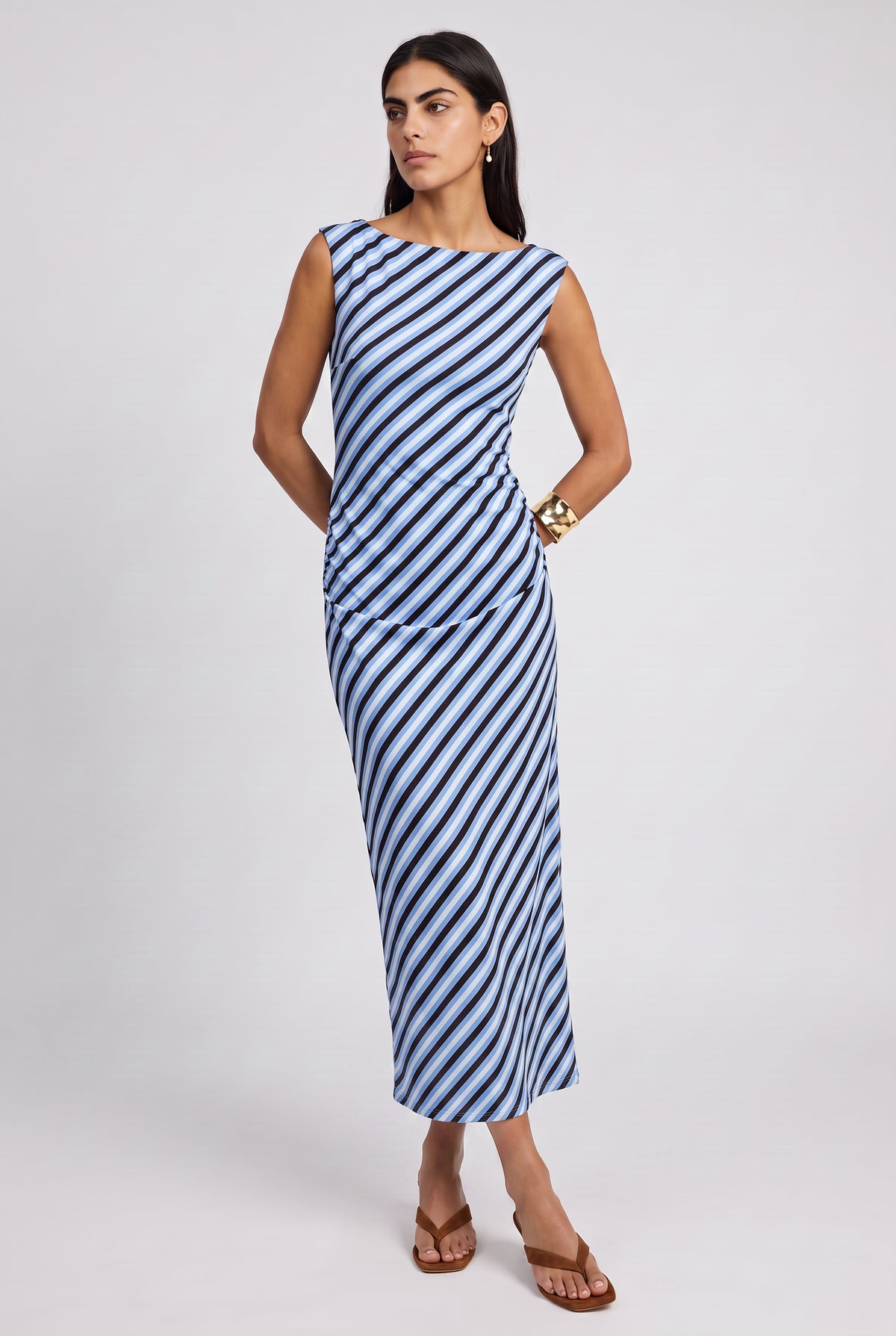 Whitney Boat Neck Midi Dress In Blue Multi