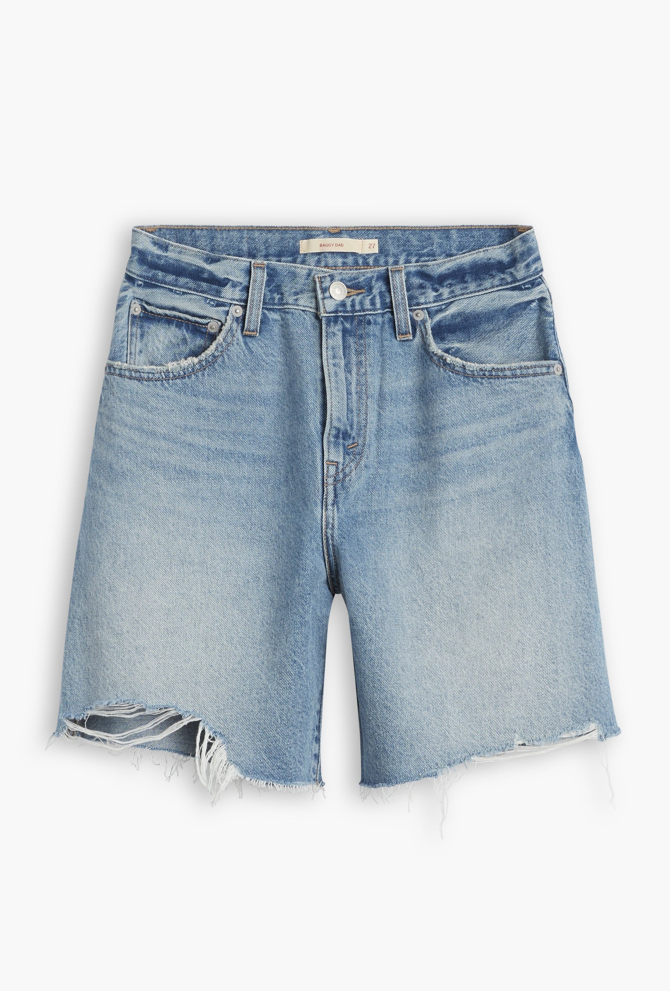 Levi's Ribcage Short Zip Blow My Mind: Light blue mid-rise shorts with frayed hems, distressed details, and a rip on the left leg. Made from 100% cotton with front/back pockets, button closure, and zip fly.