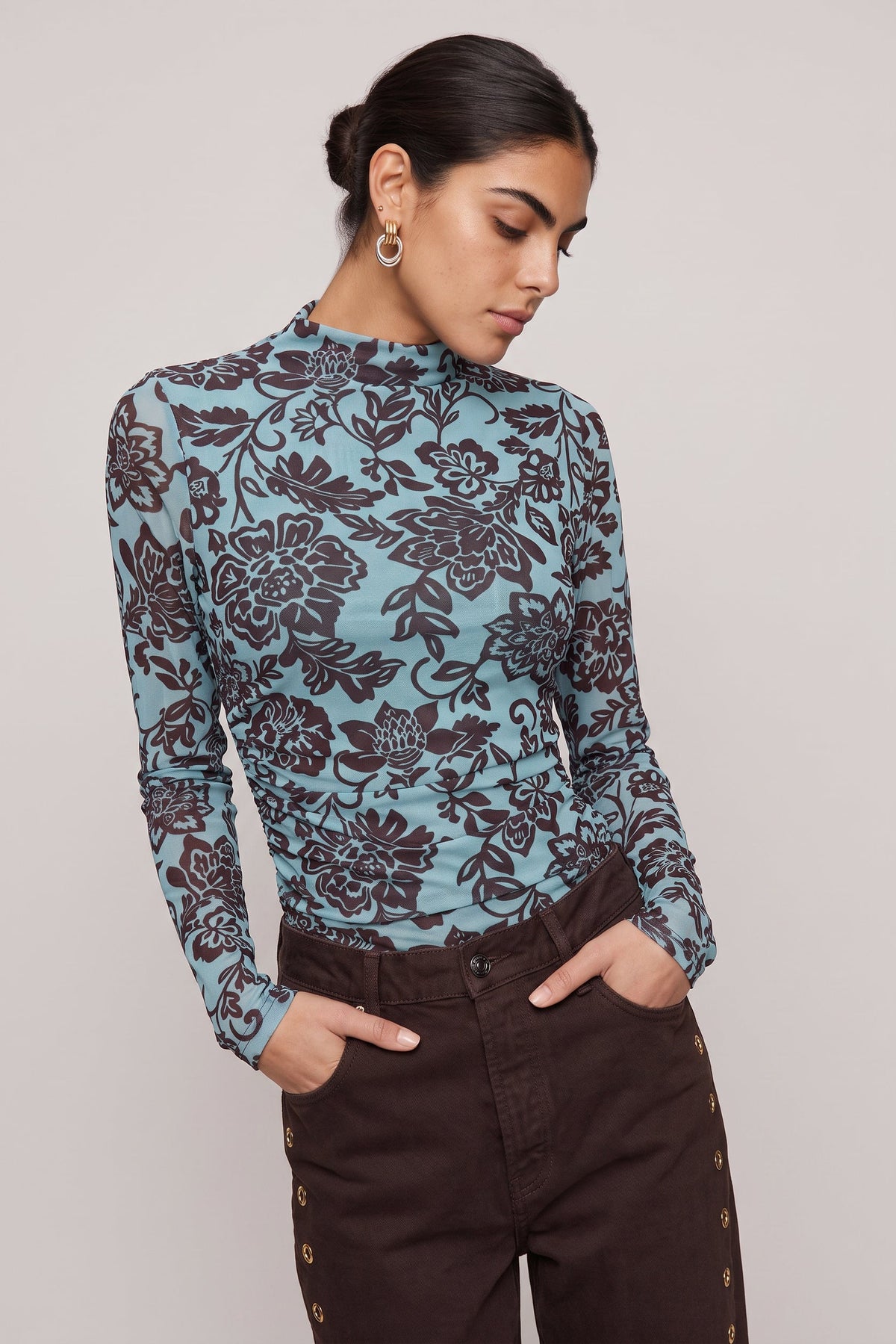 Dakota Ruched Printed Mesh Long Sleeve