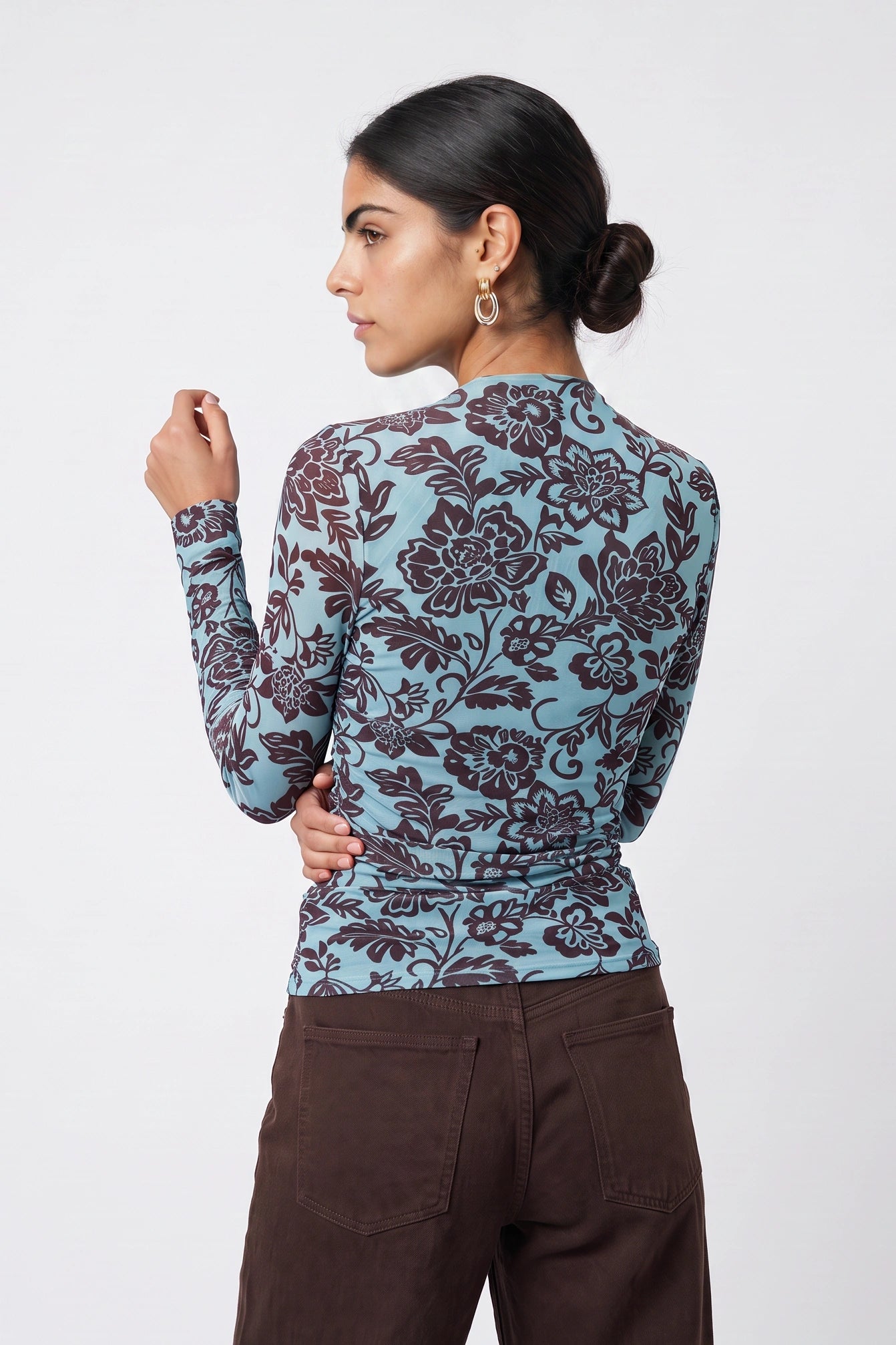 Dakota Ruched Printed Mesh Long Sleeve