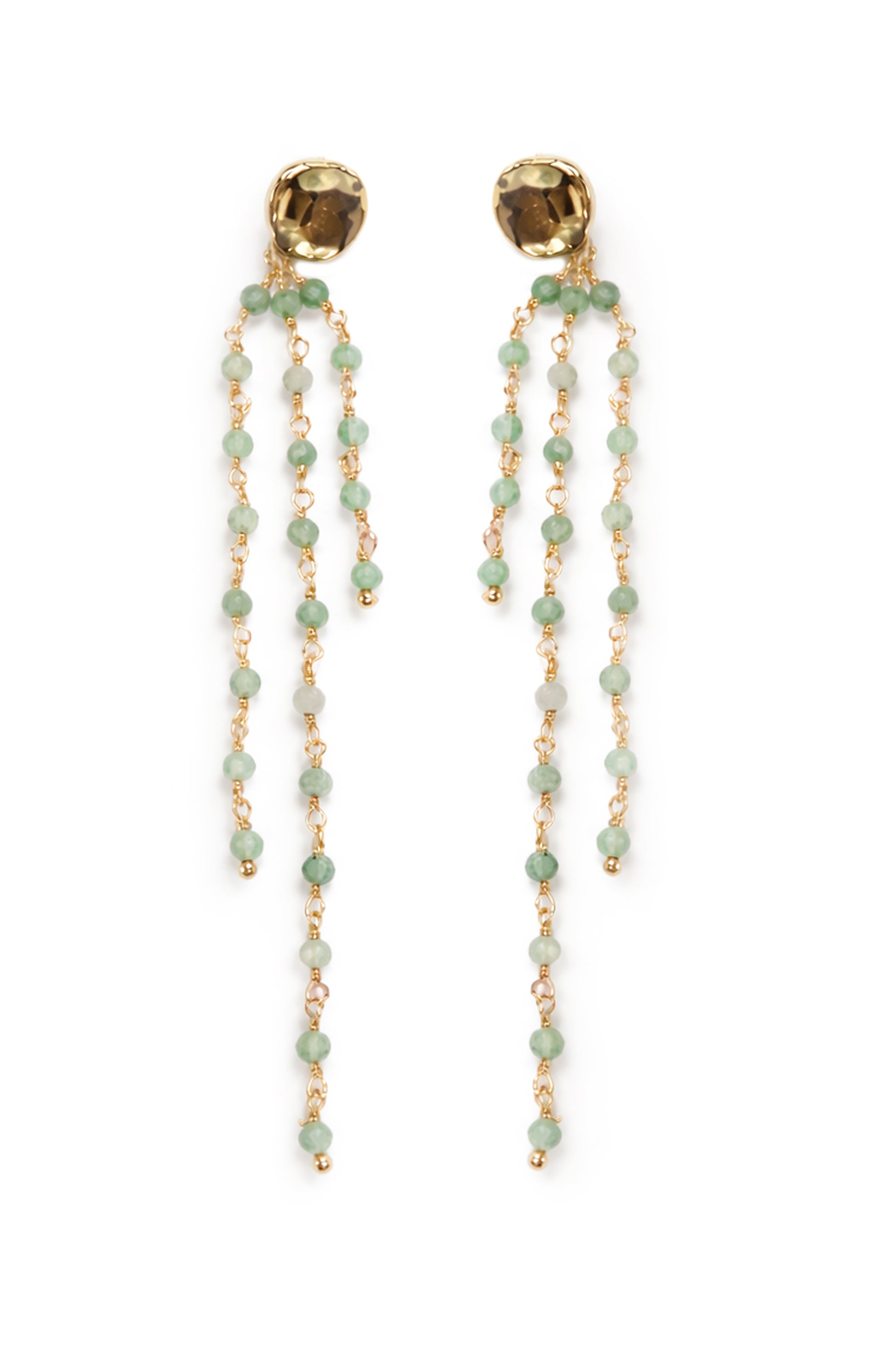 The South Moon Under Green Crystal Fringe Earrings feature gold-plated brass studs with three cascading strands of green and gold glass crystals, creating a delicate and elegant look.