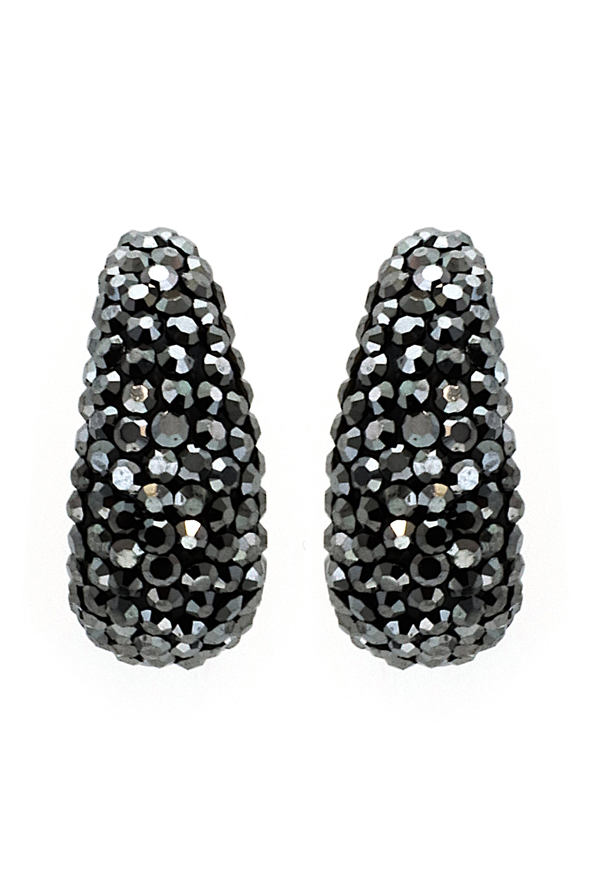 The South Moon Under Dark Stone Drop Earrings feature black, teardrop-shaped stones encrusted with shimmering silver rhinestones for a sparkling, textured look.