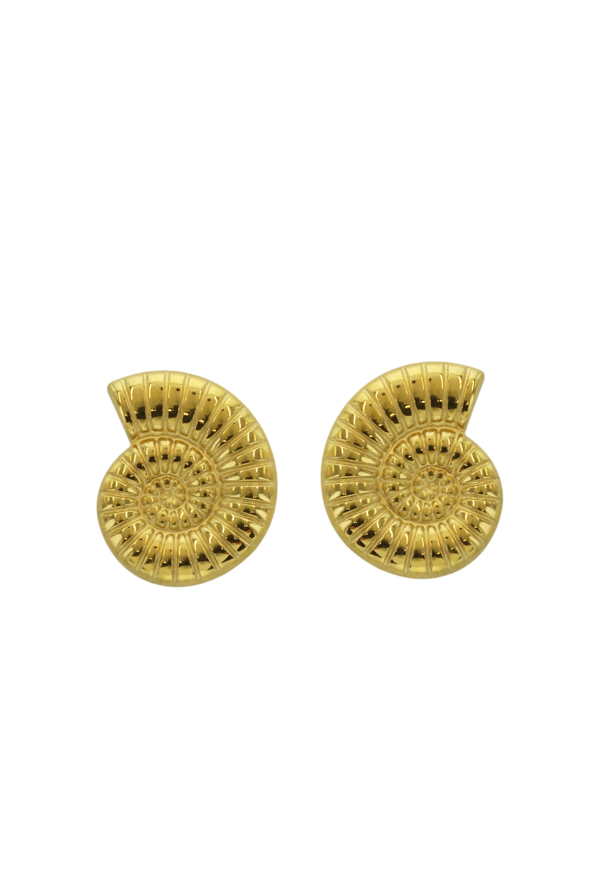 South Moon Under’s 0.90 In Ear Gold Post Seashell Layer earrings feature gold-plated spiral shell designs with detailed textures, shown against a white background.