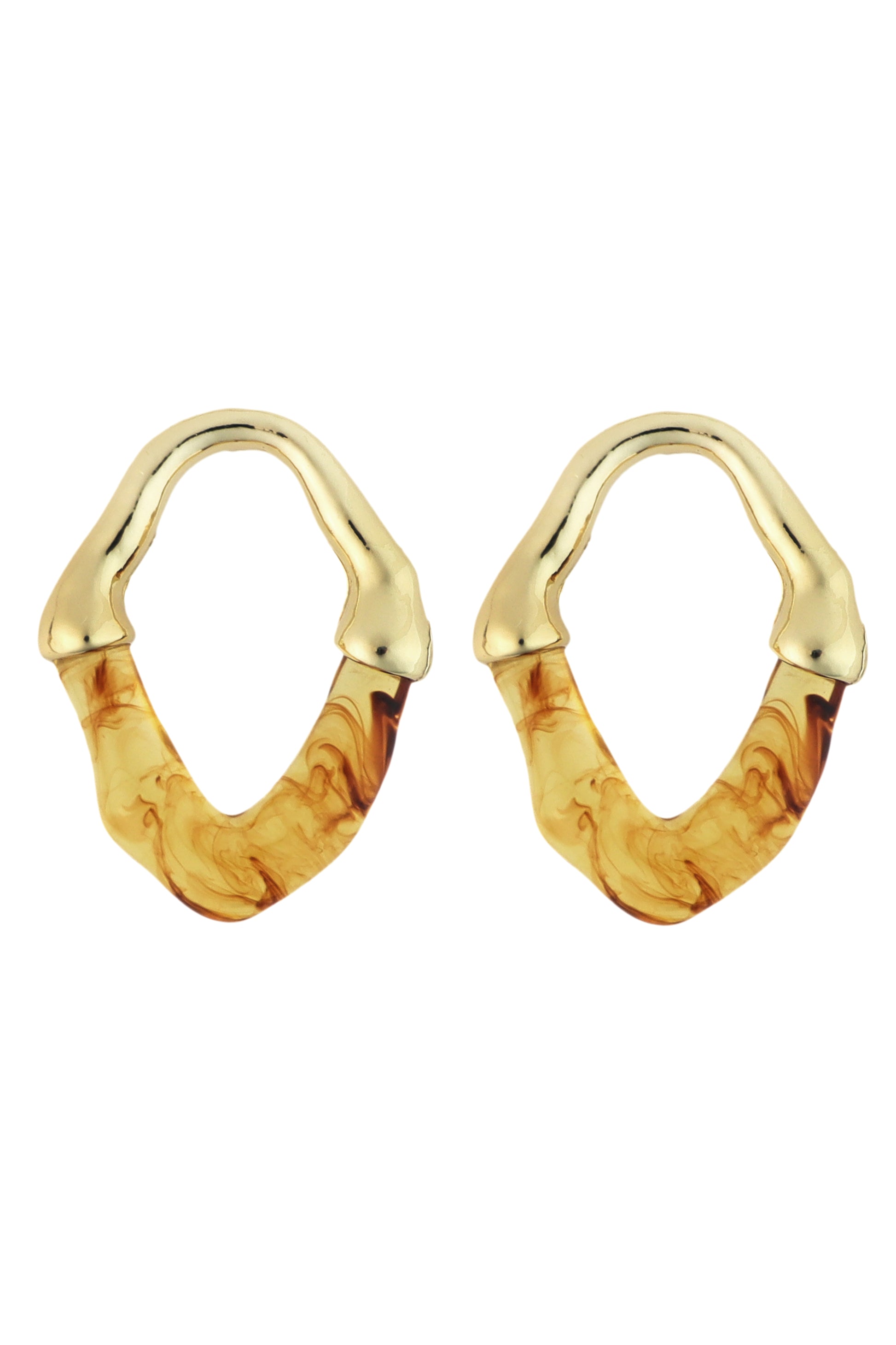 The Organic Gold Post Resin Hoop Earrings by South Moon Under feature gold-toned tops and marbled amber resin hoops, shown on a white background.