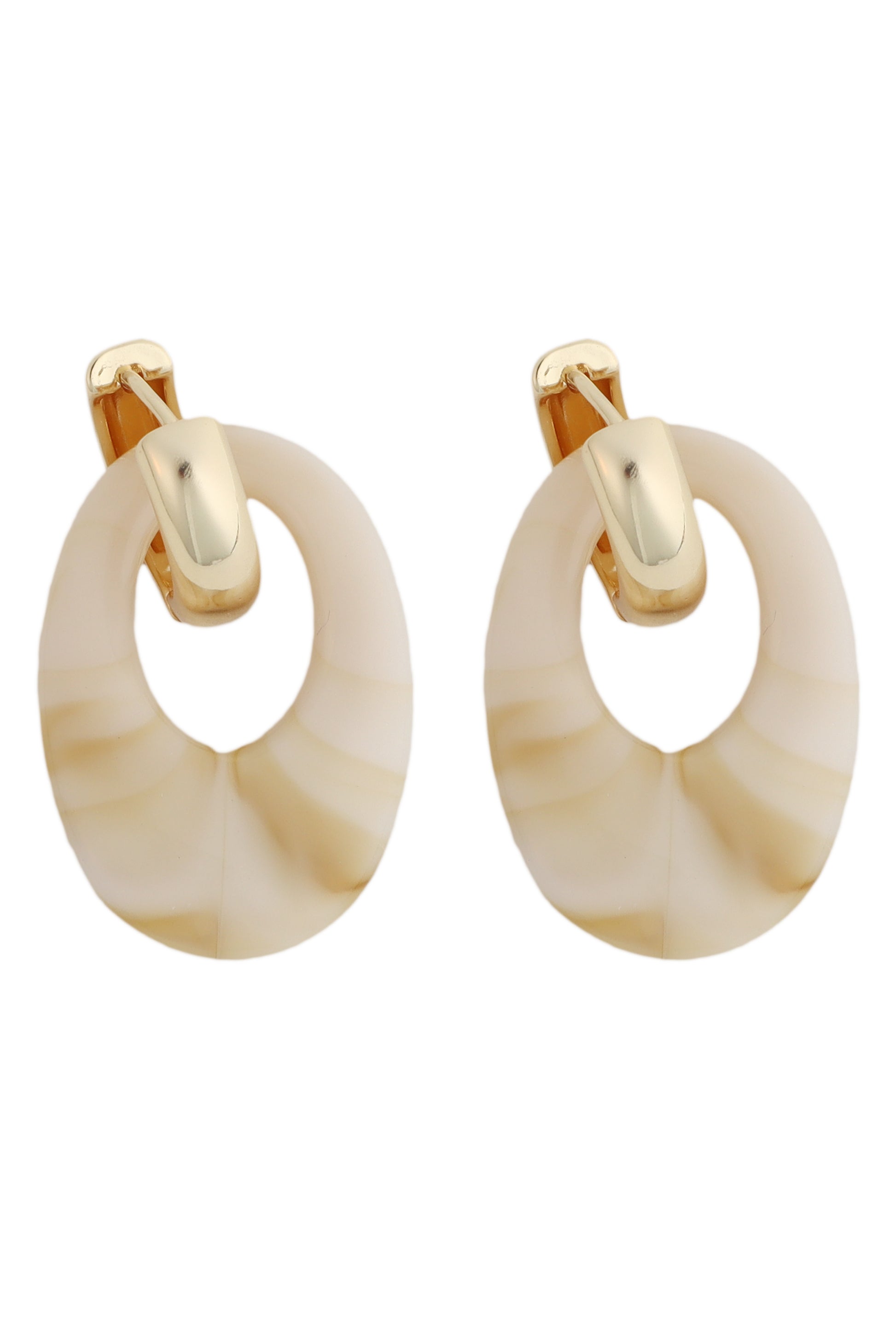 South Moon Under's Gold Hoop Resin Oval Earrings feature cream textured resin ovals and shiny gold-plated brass clasps.
