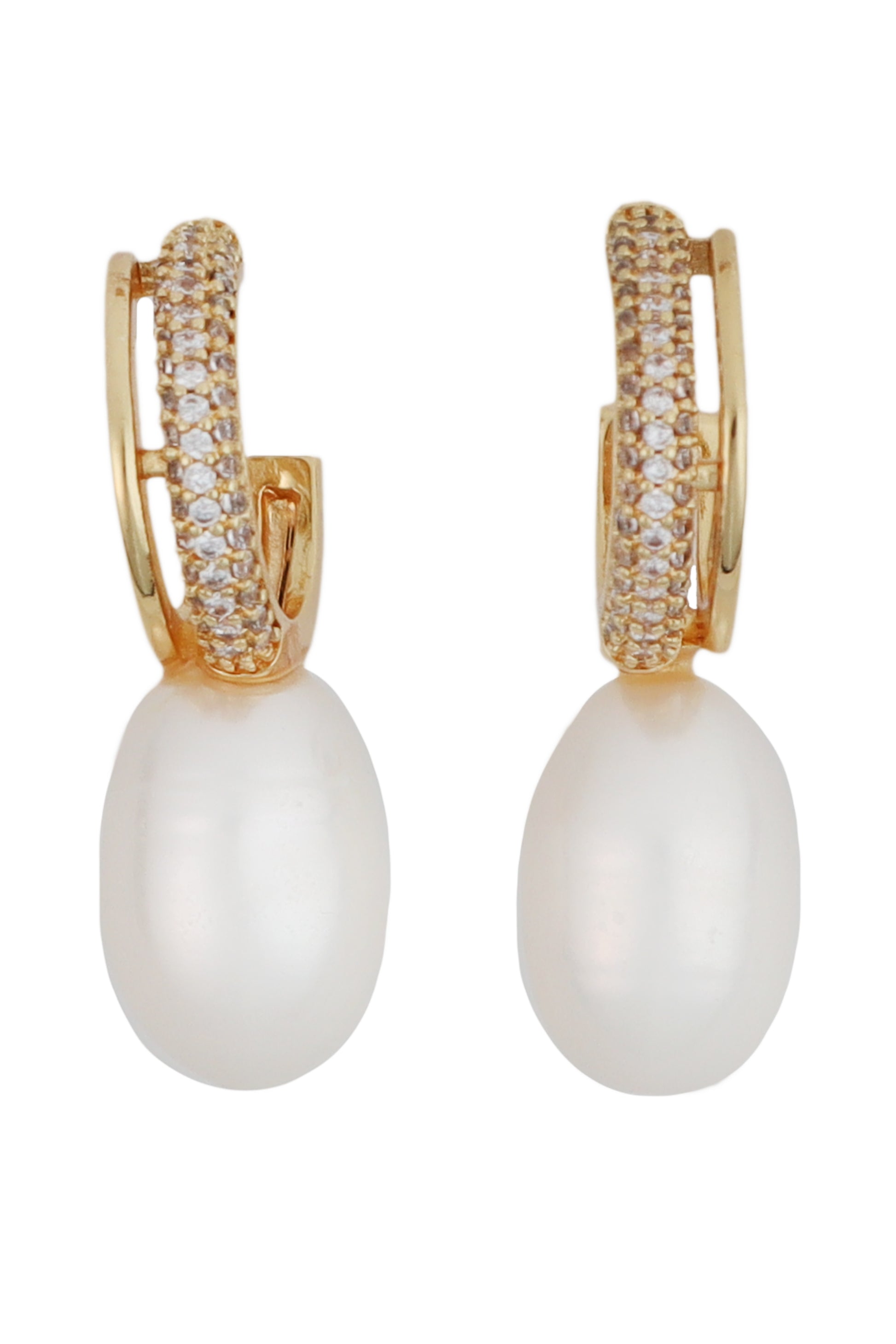 The South Moon Under Pave Pearl Drop Earrings are gold-plated brass hoops with small clear crystals and a large freshwater pearl drop.
