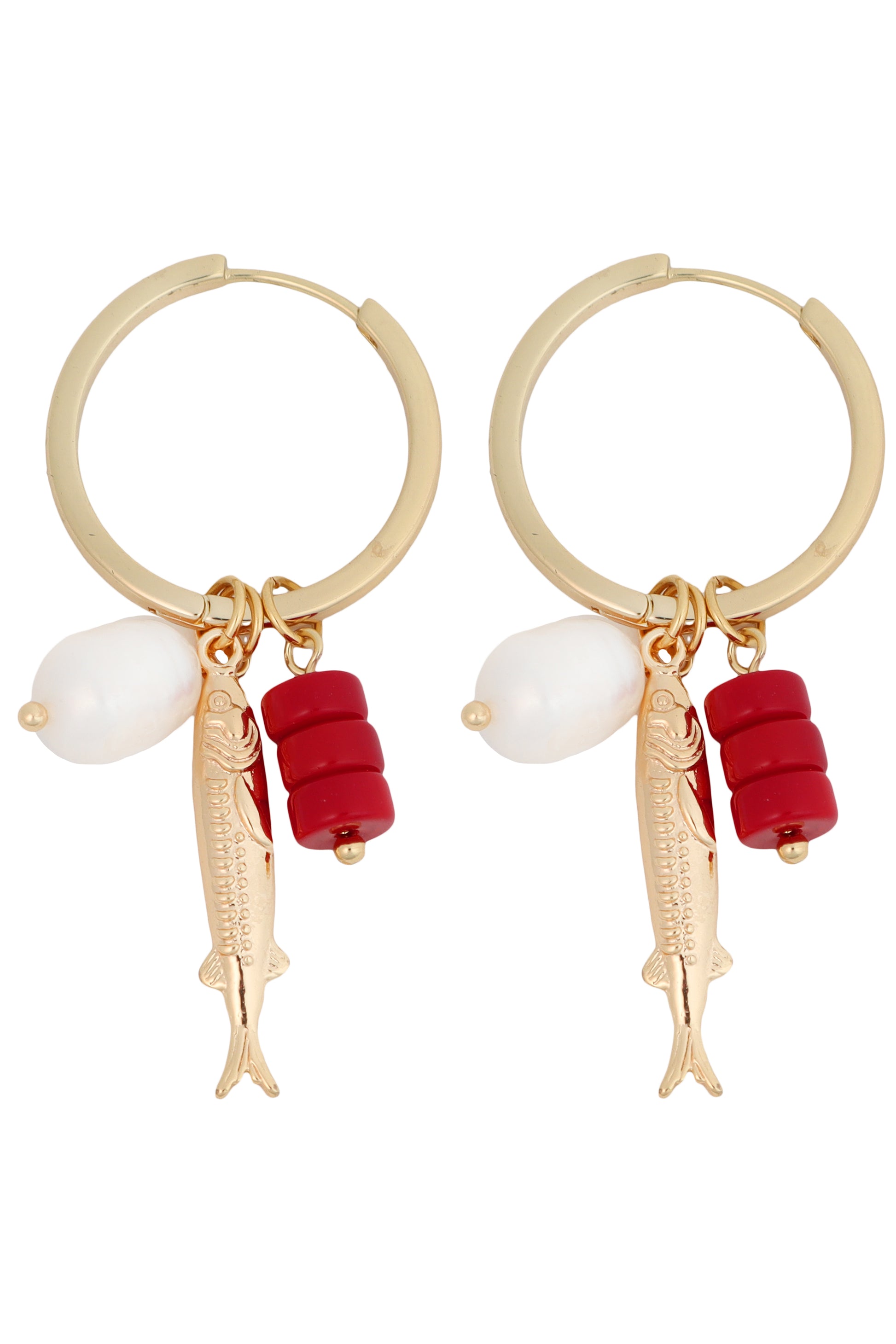 The South Moon Under 2.25 in gold hoop earrings feature red accents and gold fish charms for a bold look.