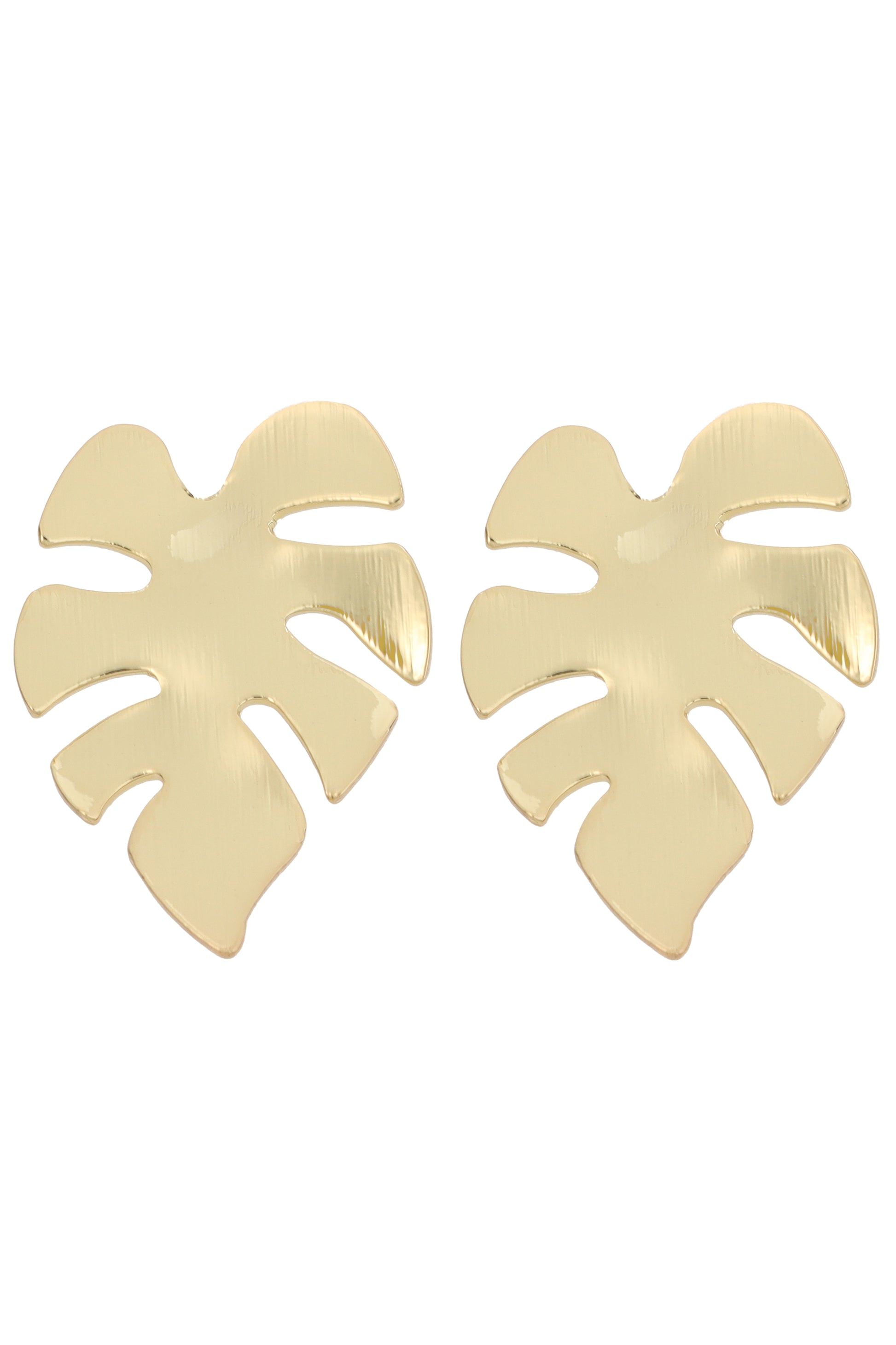South Moon Under’s 1.45 In Ear Post Palm Leaf earrings in gold, crafted from gold-plated brass, are shaped like leaves and shown on a white background.