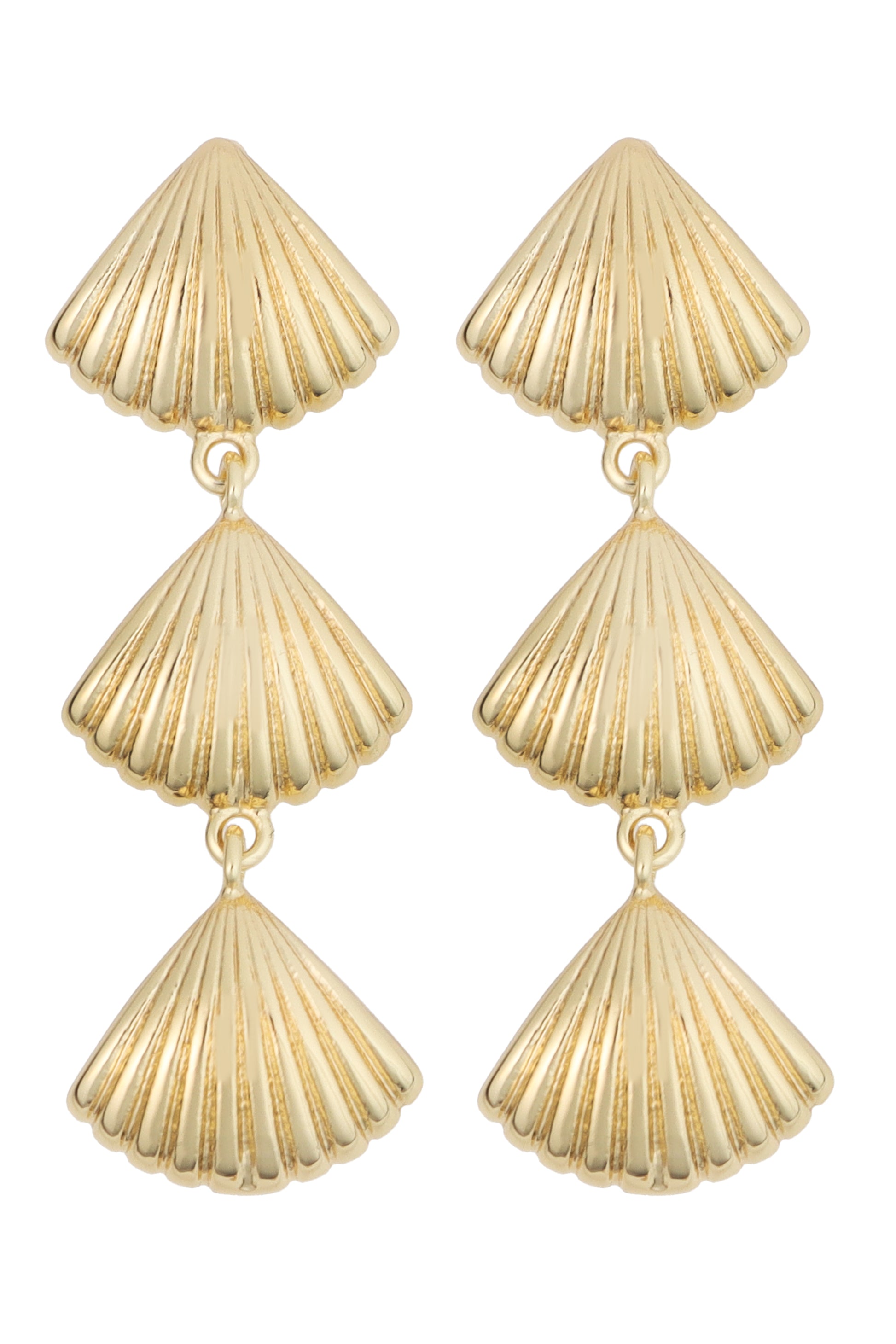 The South Moon Under 1.3 In Ear Post Shell Drops – Gold feature three stacked, gold-plated scallop shells with a textured, shiny finish, adding coastal elegance to any look.