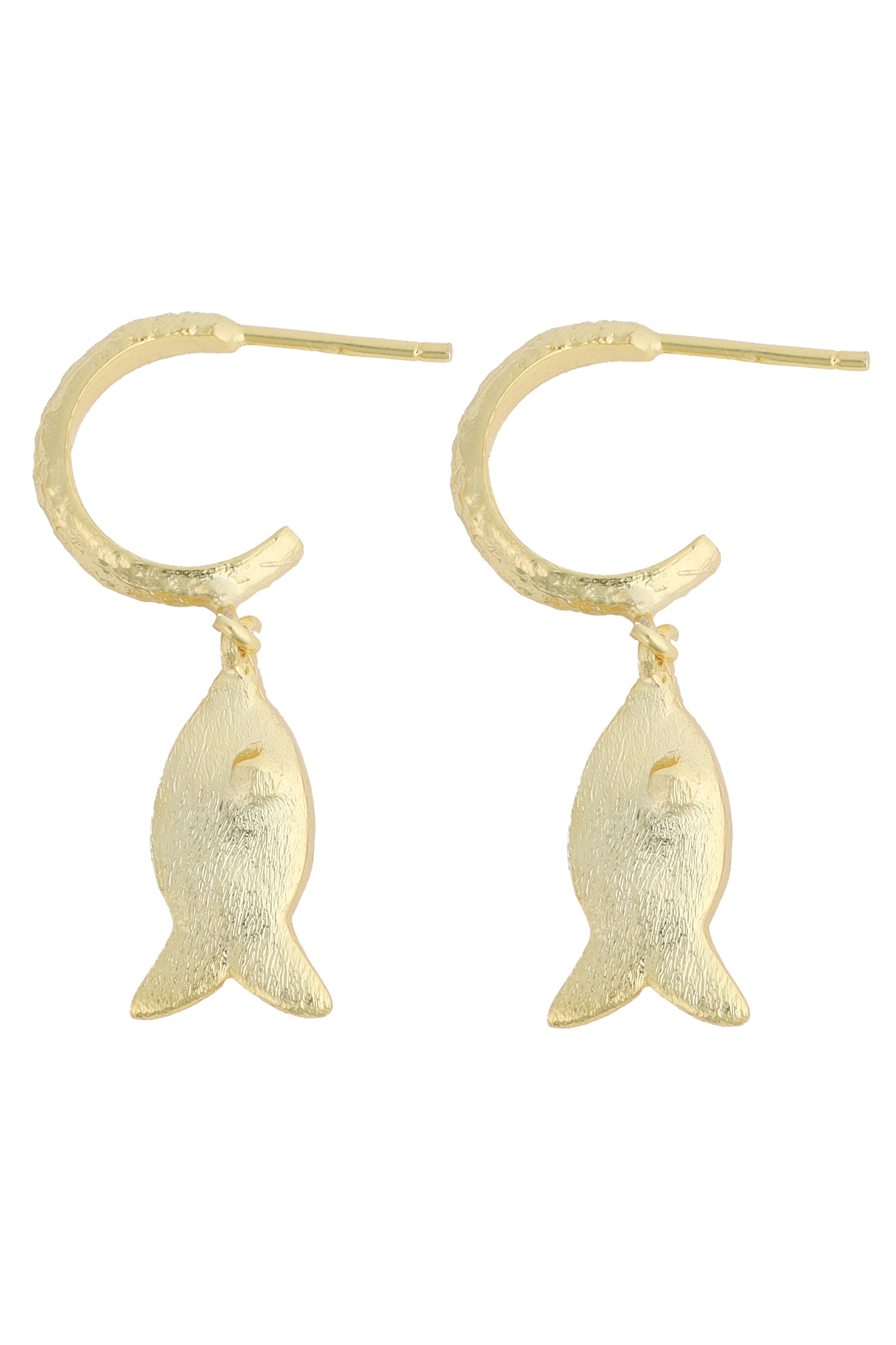 The Organic Brushed Gold Fish Post Drop Earrings by South Moon Under feature textured, fish-shaped pendants for an organic accent to any outfit.