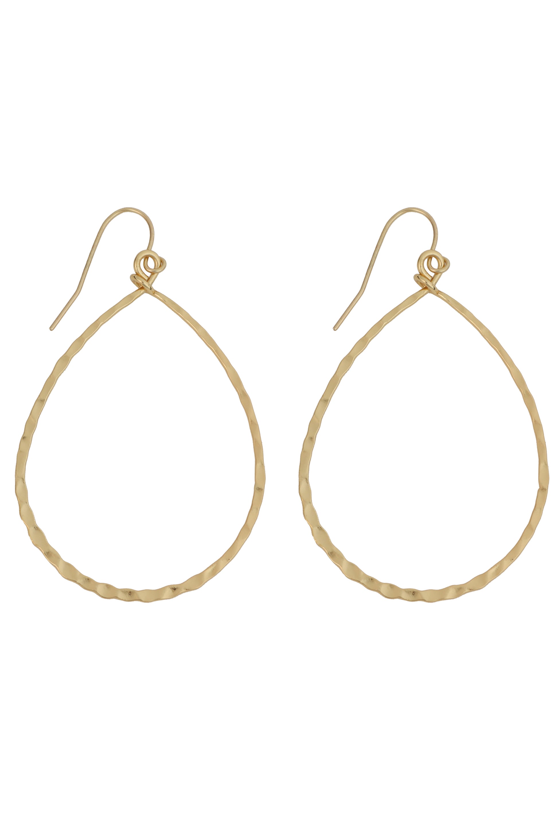 The South Moon Under Metal Hammer Teardrop Hoop Earrings feature gold-plated brass with a hammered texture and simple hook closures, shown against a white background.