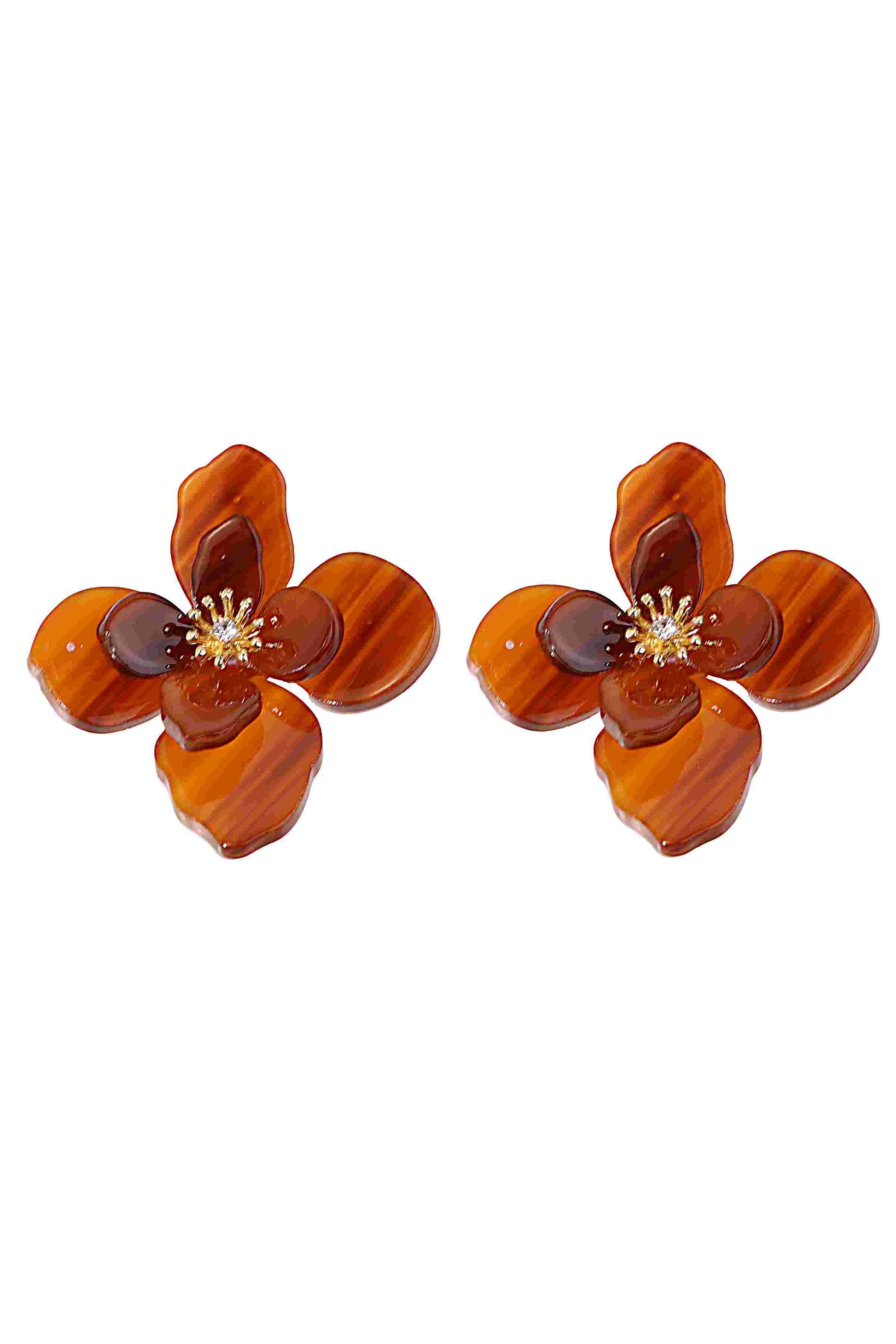 South Moon Under Resin Floral Post Earrings in gold feature five glossy petals with a detailed center, post back closures, and are shown on a white background.