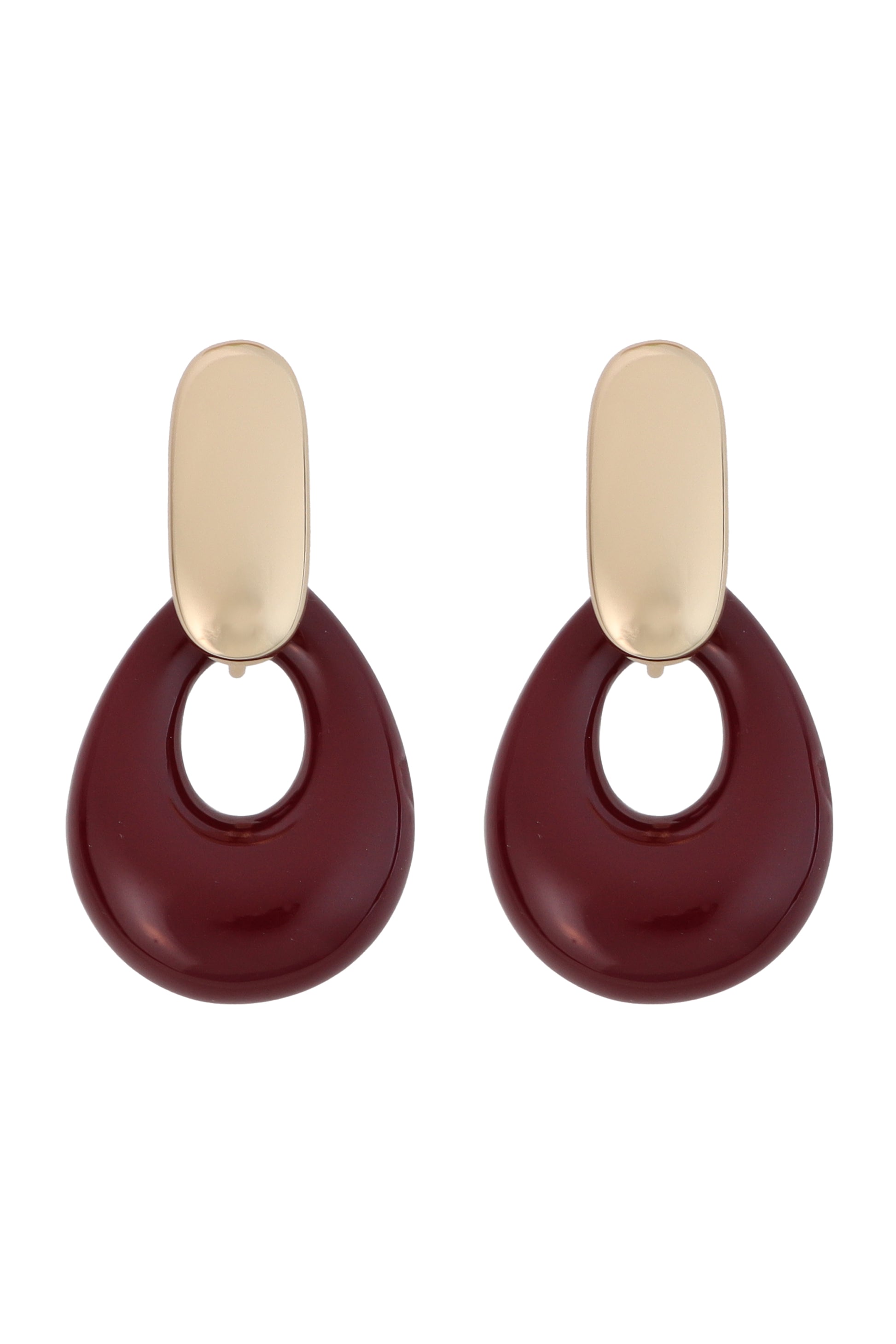 The South Moon Under Resin Teardrop Earrings feature modern gold-plated brass oval tops and dark maroon open resin hoop bottoms, measuring 2 inches, and are shown against a white background.