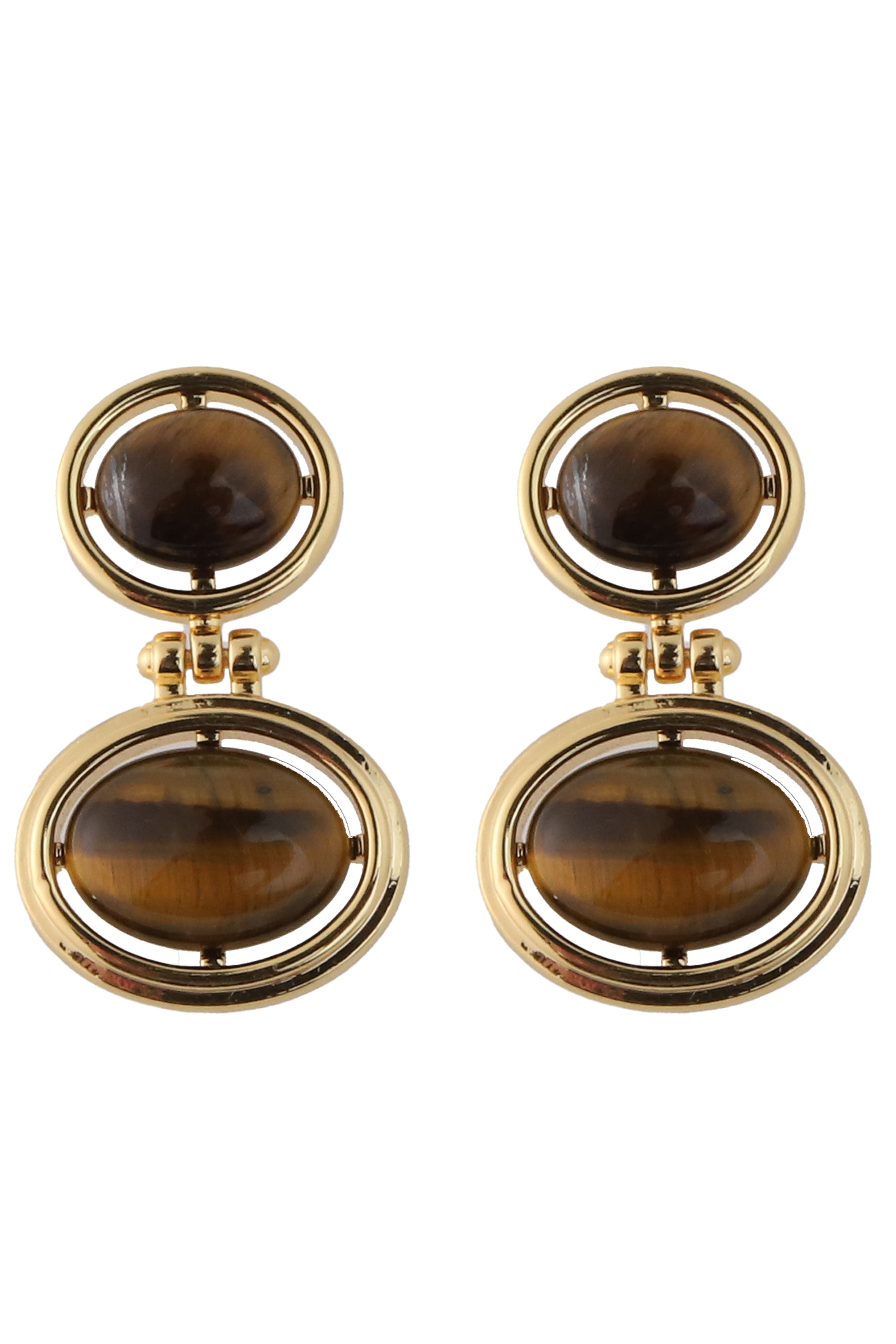 The South Moon Under Tigers Eye Earrings feature a modern gold-plated design with two oval brown stones in a smooth, stylish circular frame.