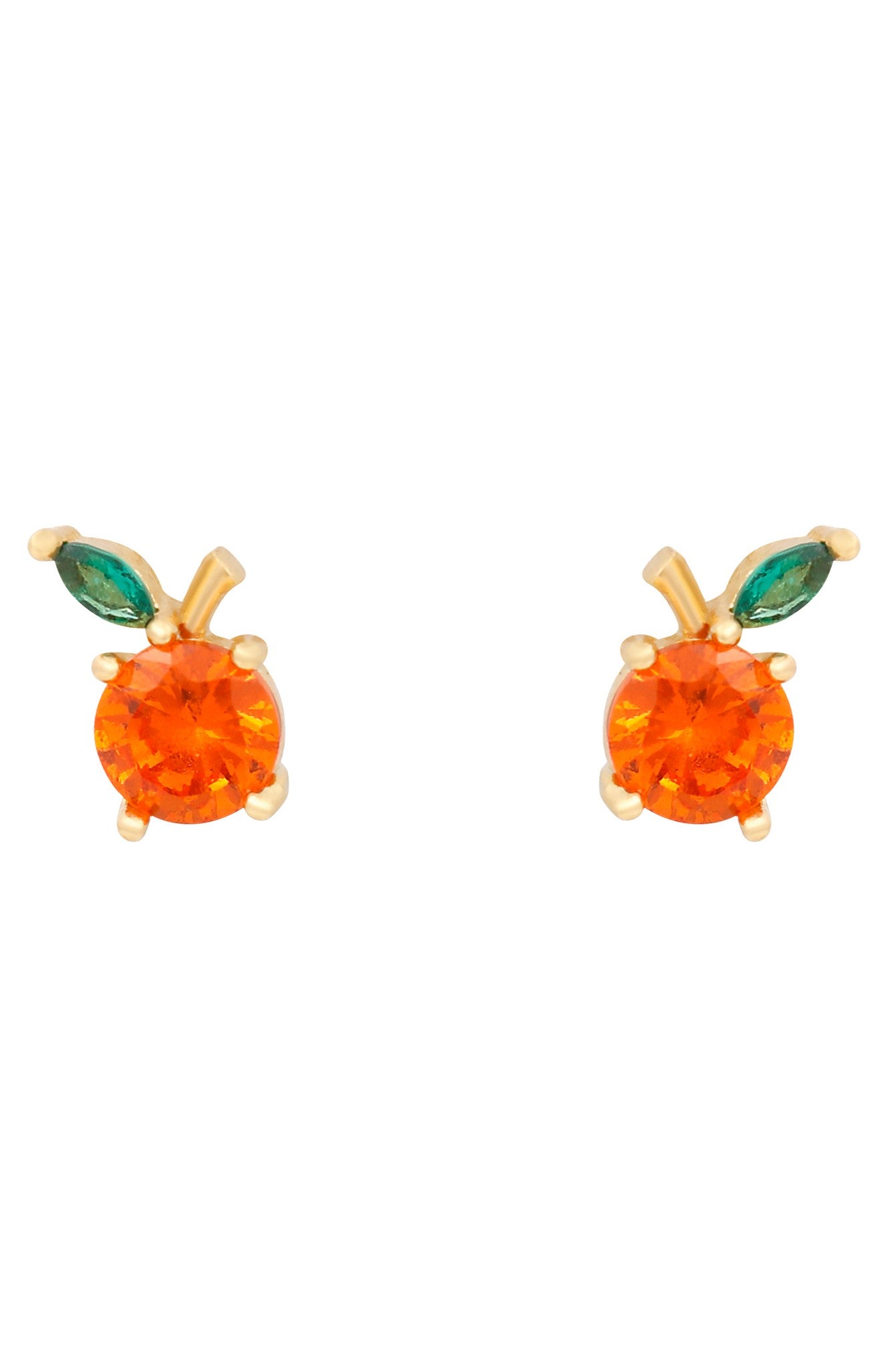 The Girls Crew Orange Juice Stud Earrings feature small orange shapes with colored cubic zirconia stones as fruit and leaves, set in gold-tone metal and finished with sterling silver posts.