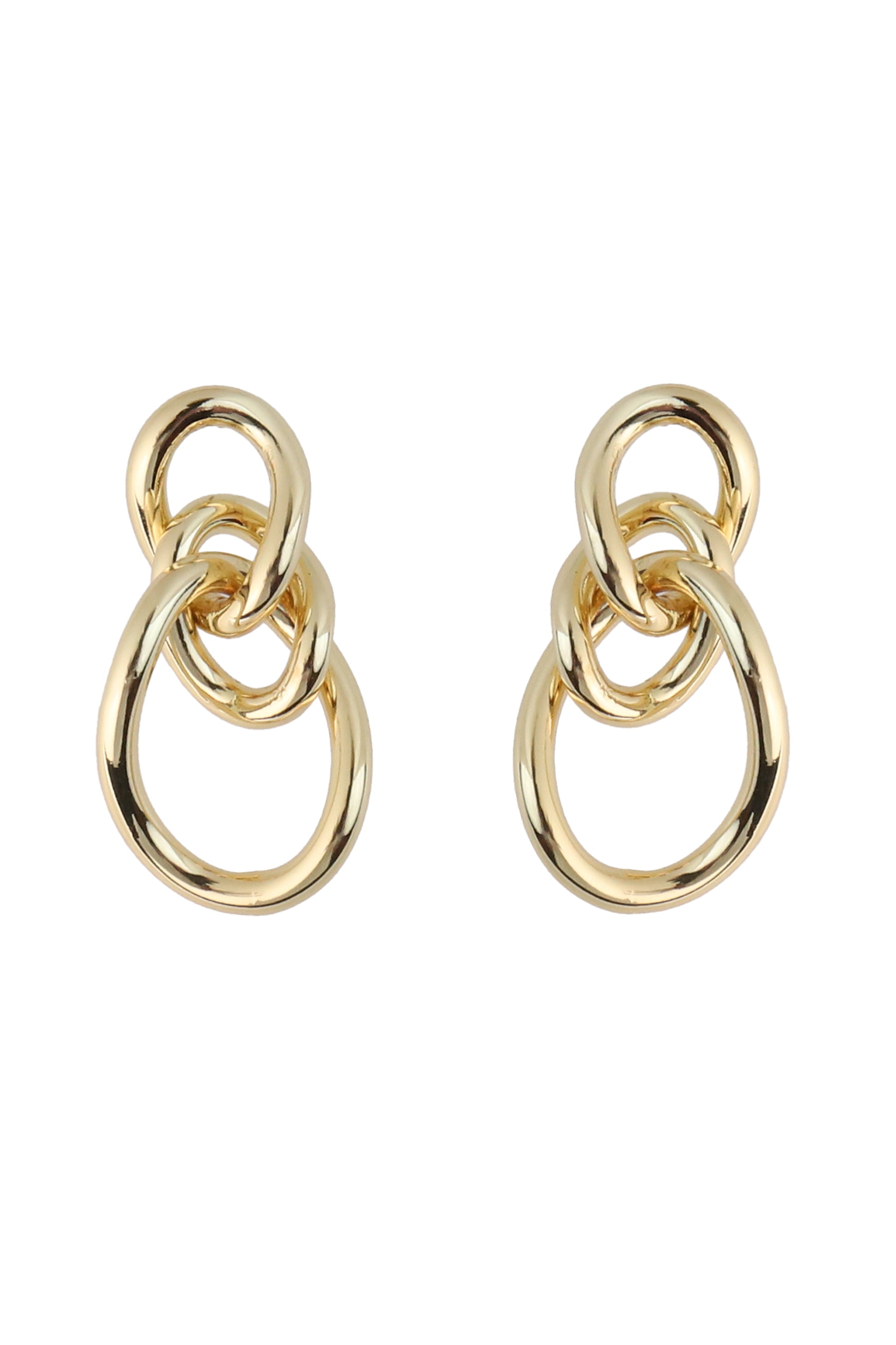 The South Moon Under Gold Twisted Link Ear earrings feature three polished, interlocking gold-plated loops in an abstract modern design with post-back closure, shown against a white background.