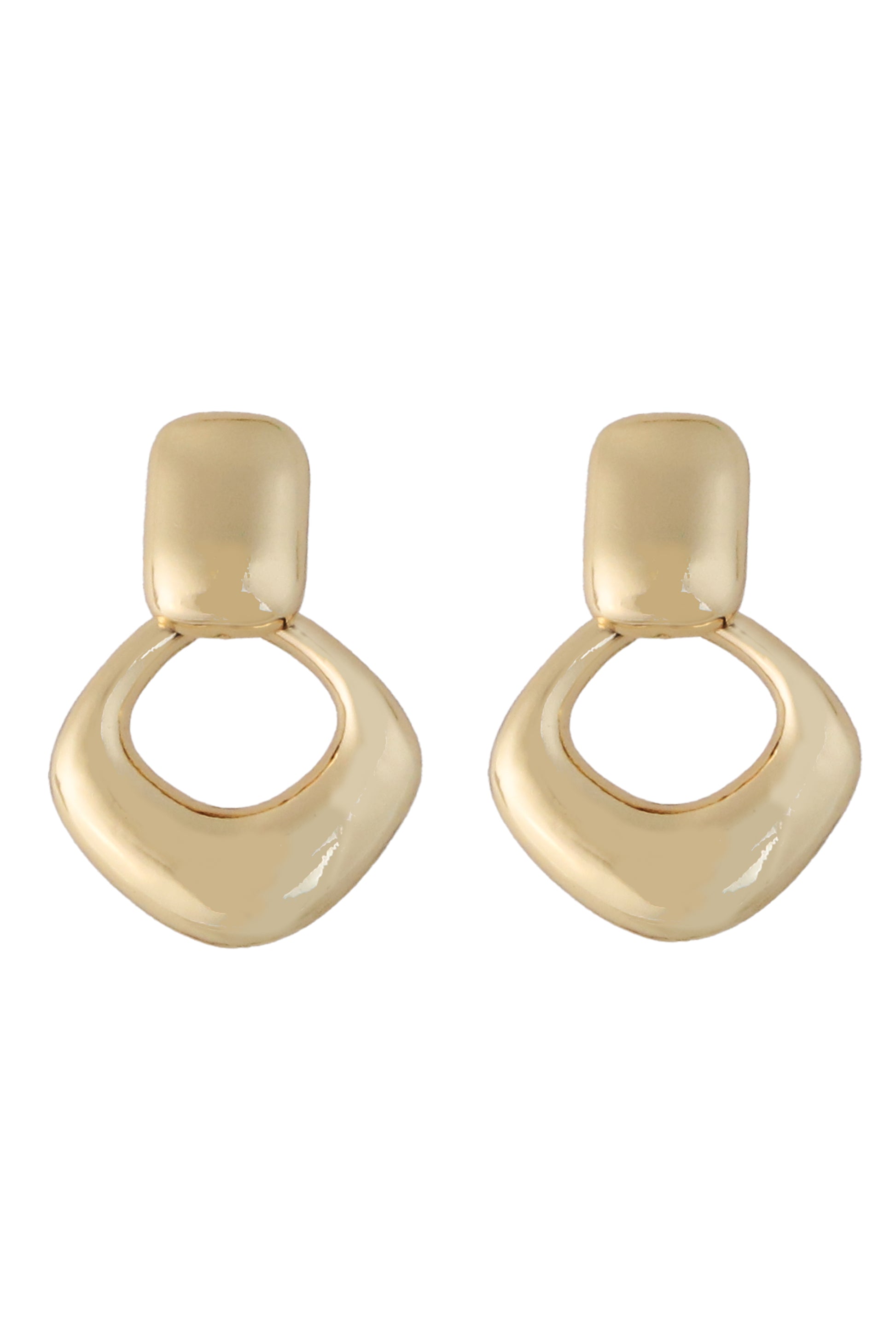 The Gold Mini Door Knocker earrings by South Moon Under feature shiny, gold-plated geometric studs with open rounded triangle shapes hanging from small rectangular tops, shown on a white background.