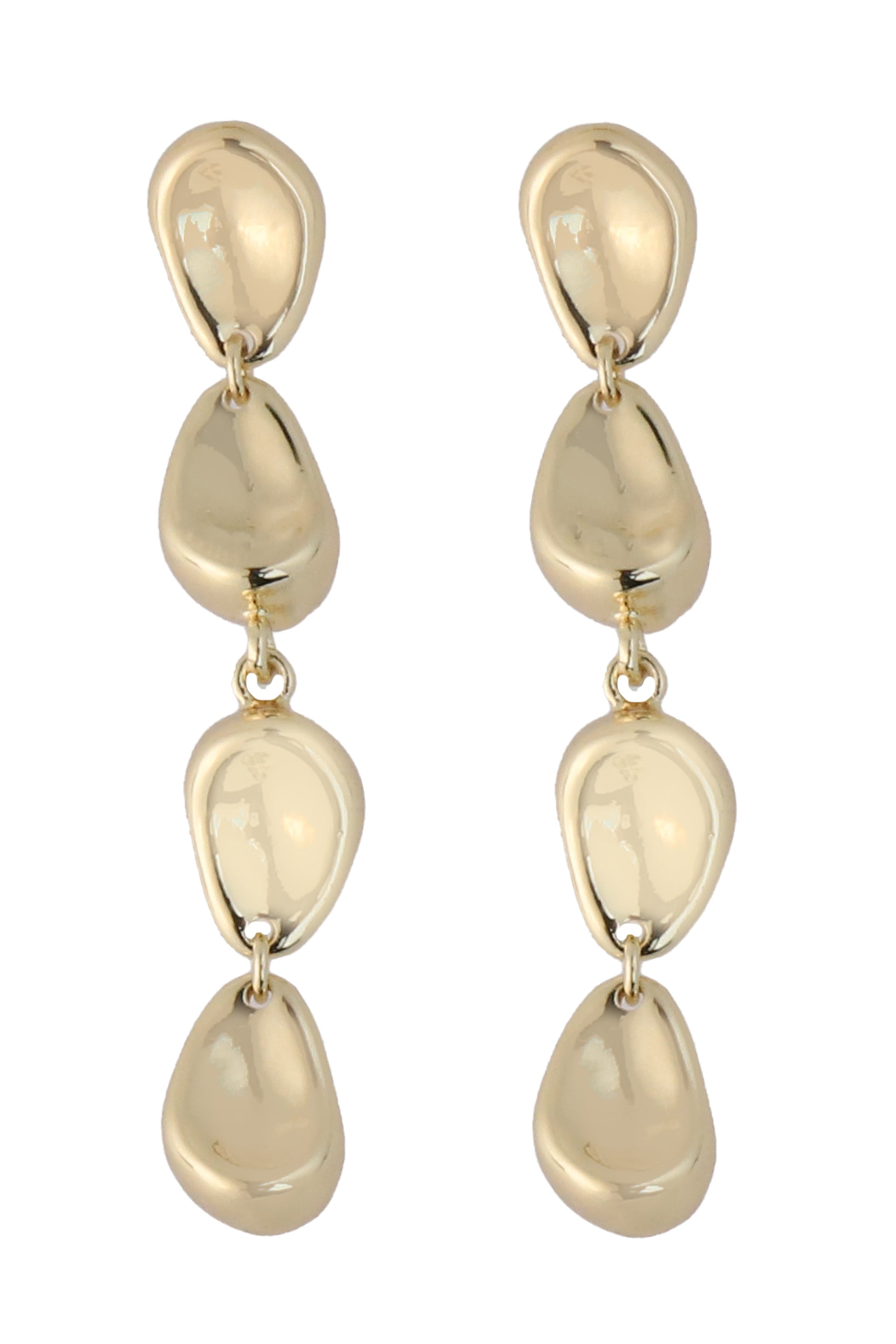 South Moon Under Gold Alternating Pressed Linear Earrings feature three pebble-shaped, gold-plated segments linked vertically for a modern, elegant look. Color: Gold. Style code: E20913GZ2.