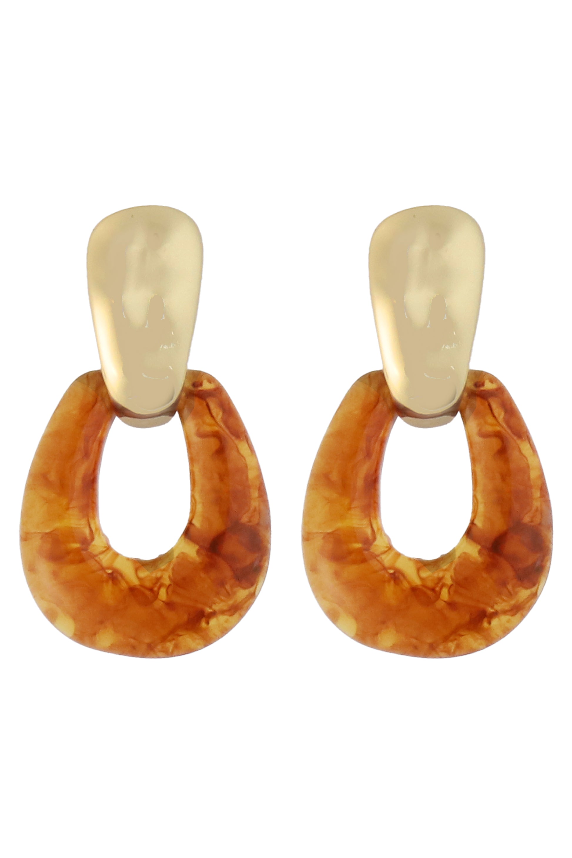South Moon Under’s Resin Teardrop Earring Brown features modern gold-tone studs with marbled amber resin teardrop hoops for a chic look.