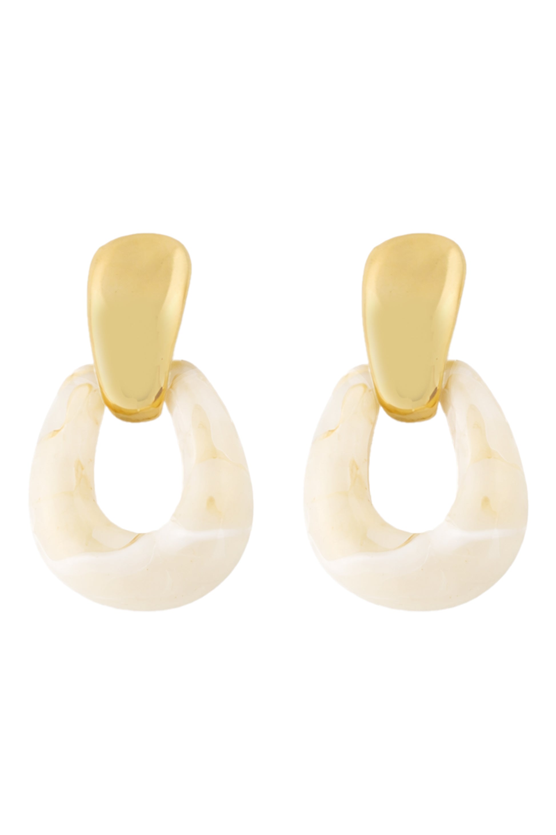 The Resin Teardrop Earring by South Moon Under features gold oval tops and chunky marbled ivory resin hoops with secure post back closure.