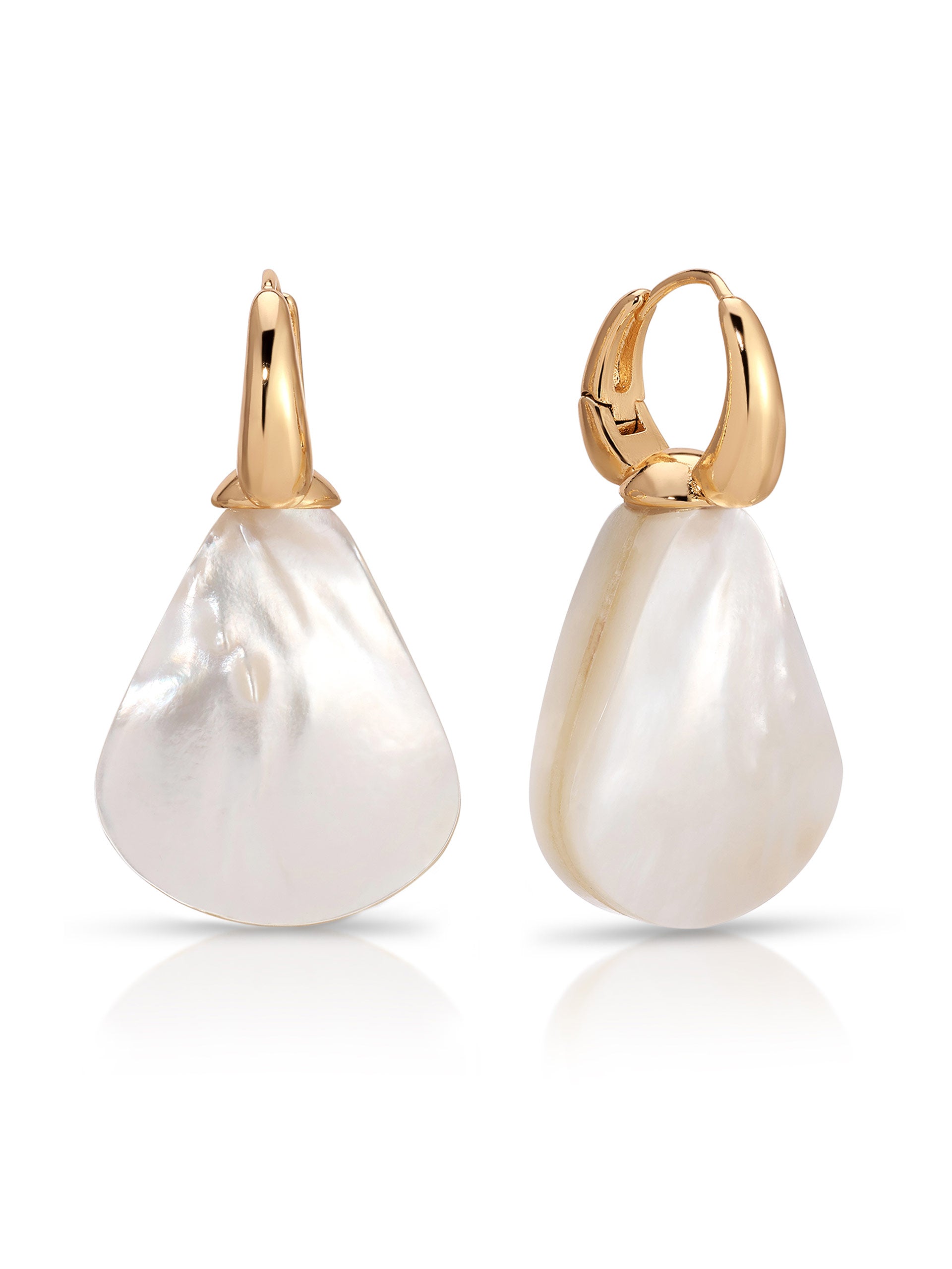 The Ettika Sun Kissed Pearl Earrings feature large, asymmetrical white mother of pearl pendants on 18k gold plated hoops, shown against a white background.