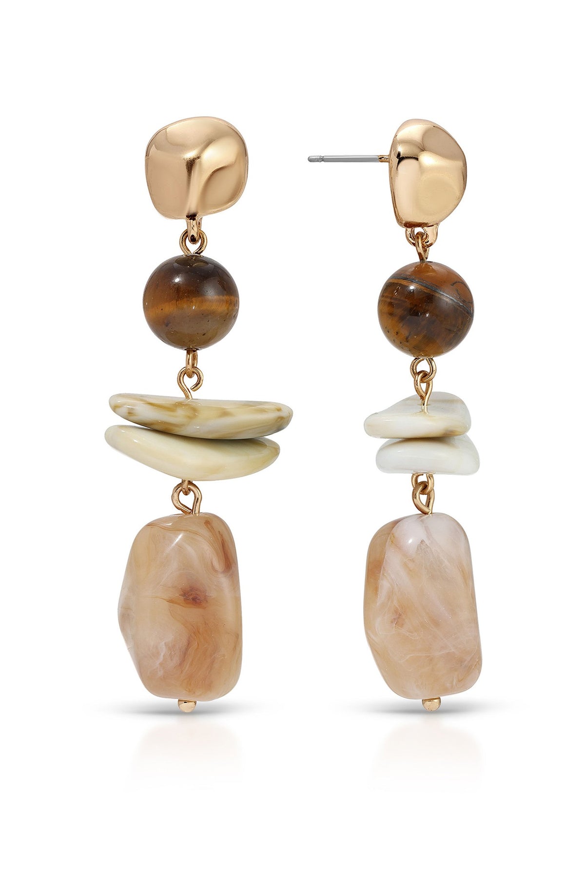 Pair of drop earrings with gold-tone rounded top, tiger's eye bead, cream stone spacer, and marbled beige stone base.