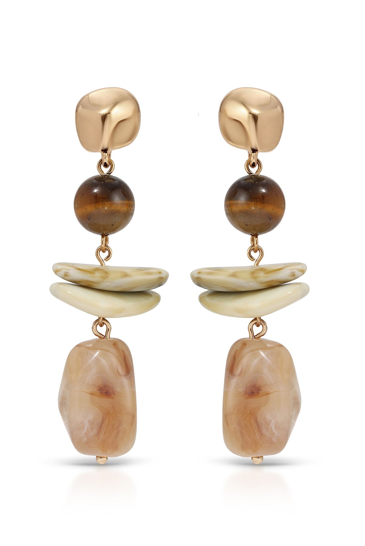 Pair of drop earrings with gold-tone curved top, brown sphere, cream curved stone, and marbled tan stone bottom.