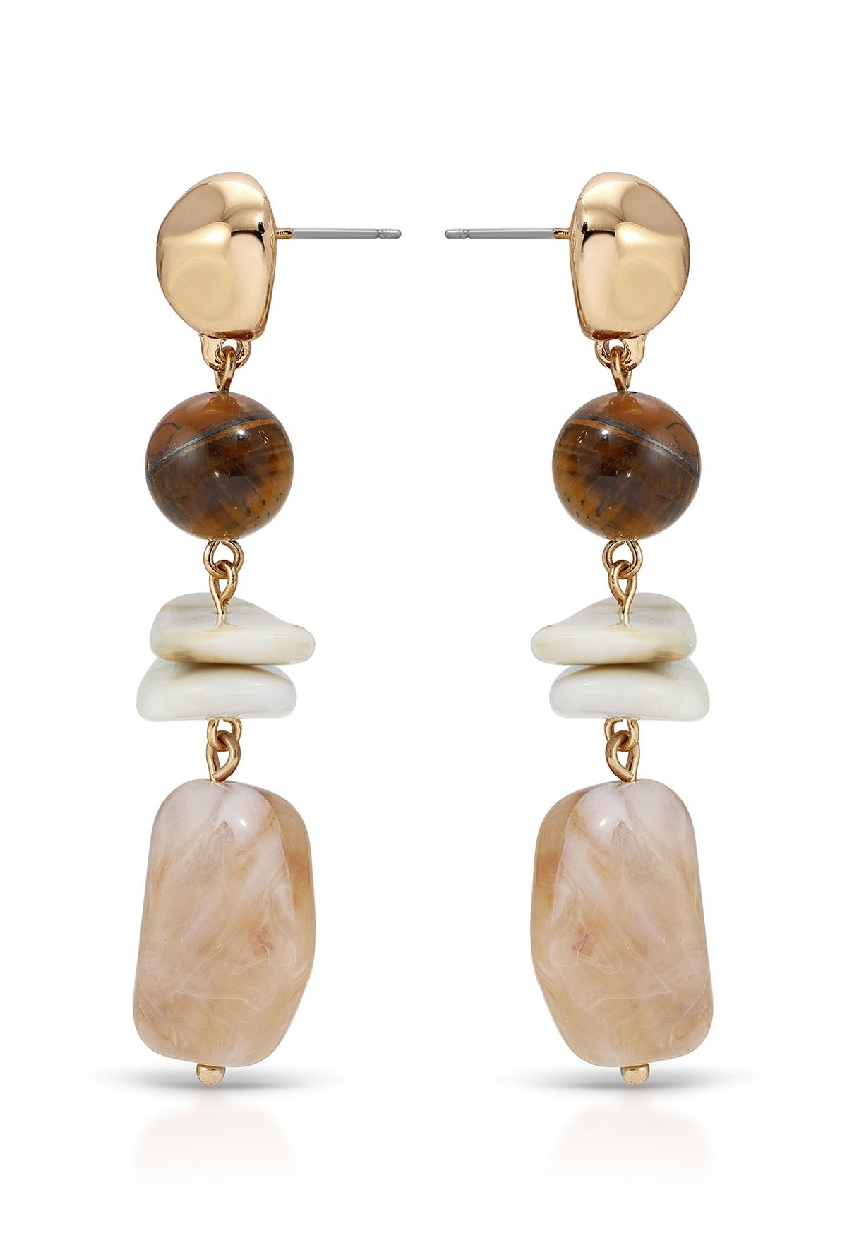 Pair of drop earrings with gold-toned studs, tiger's eye beads, cream stone spacers, and carved pale stone pendants.