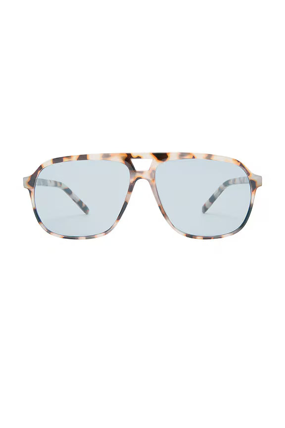 The Aire Aquarius Sunnies feature a brown multi tortoiseshell aviator-style frame with light blue shatterproof polycarbonate lenses, shown against a white background.