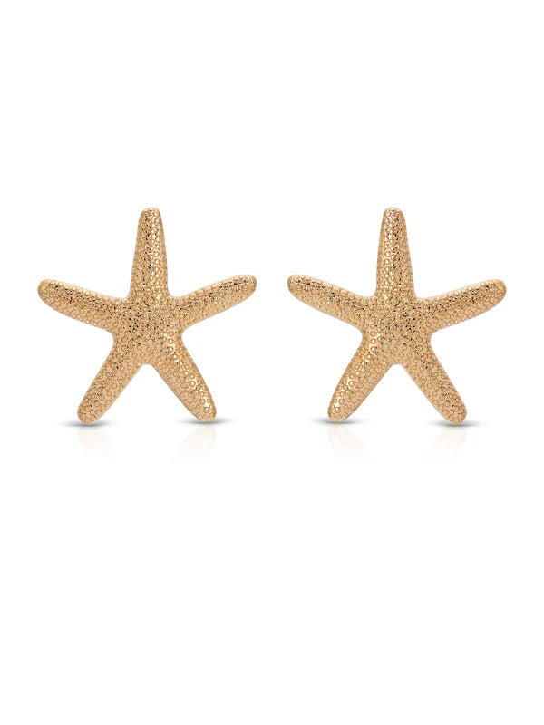 The Ettika Statement Starfish Stud Earrings feature gold plating and a textured finish, making them the perfect coastal accessory to add seaside charm to any outfit. Displayed against a white background.