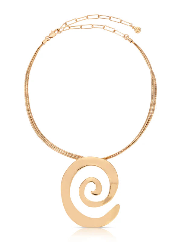 The Ettika Aura Swirl Necklace features multiple thin gold-plated chains and a large spiral pendant, plus an extender chain for adjustable length, shown against a white background.