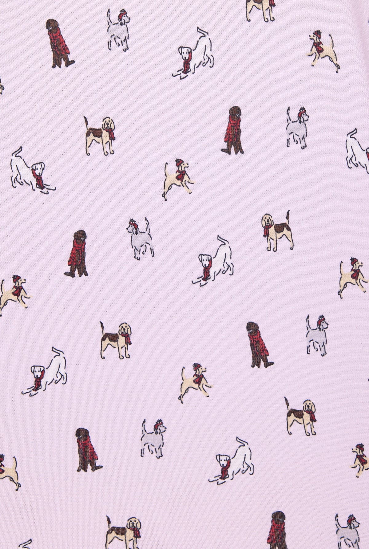 Light pink jersey fabric with scattered dog illustrations in various poses and breeds, some wearing red plaid coats.