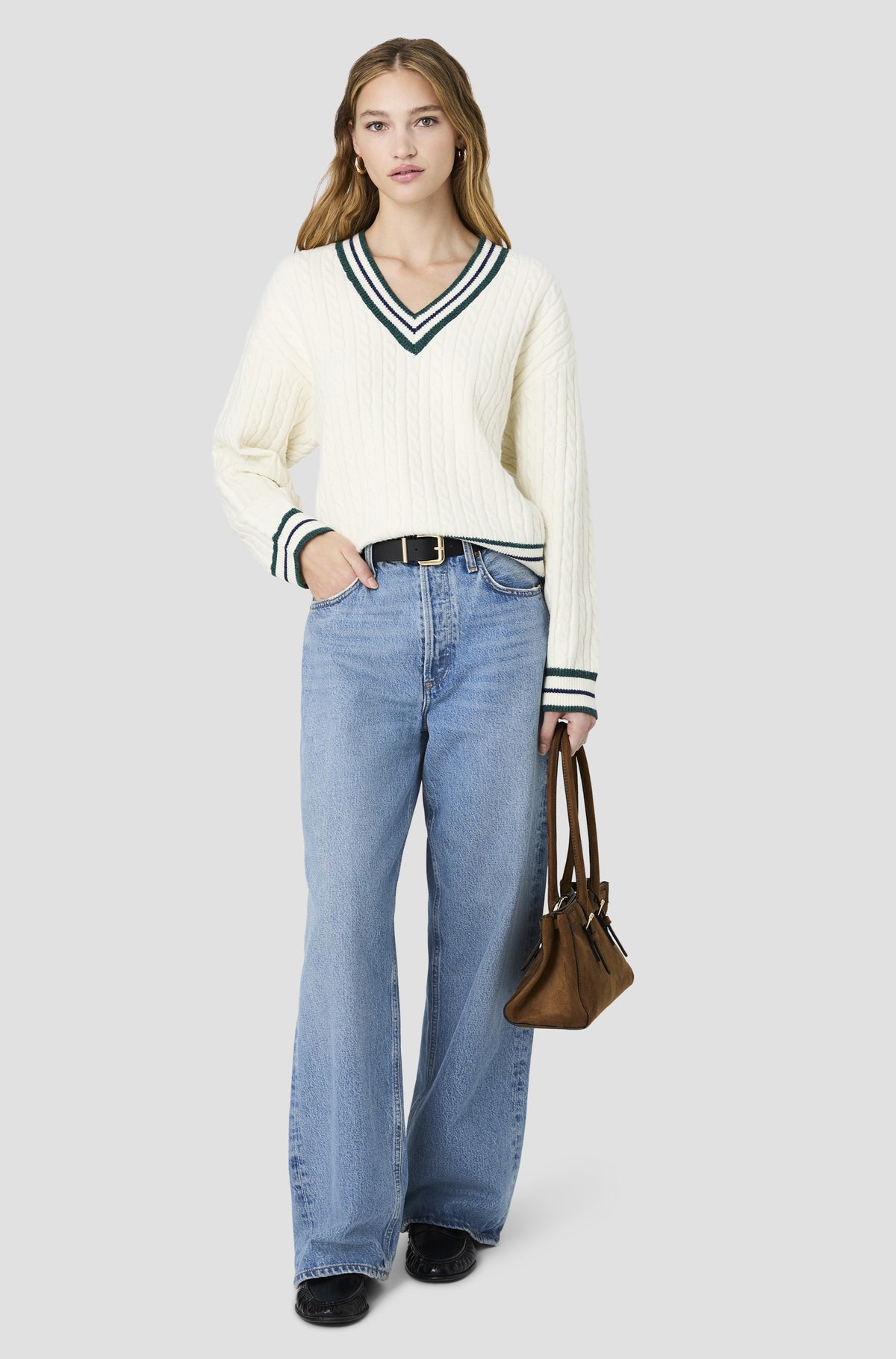 Aleyna Knit V-Neck Cable Pullover