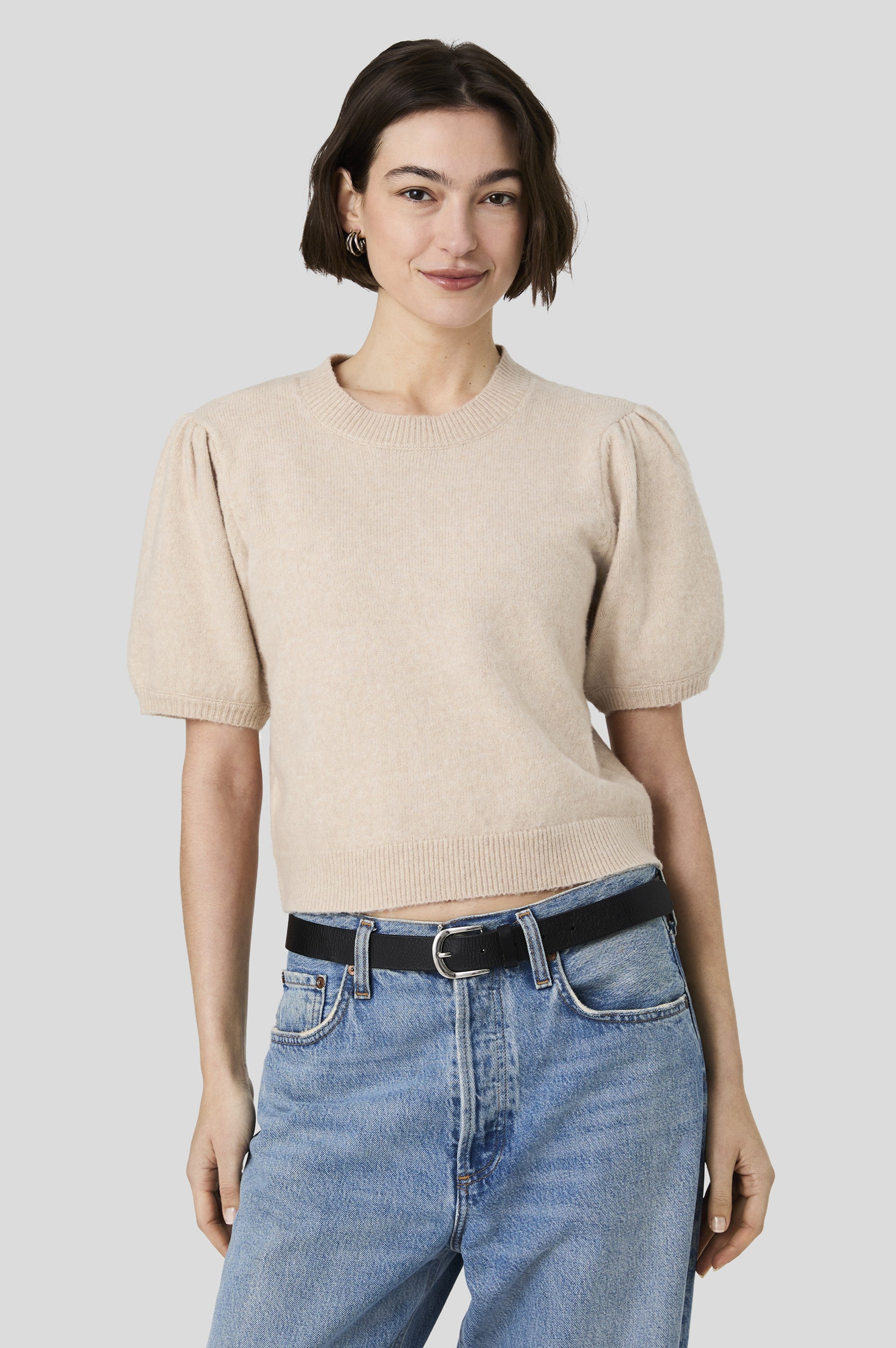 Yulia Knit Puff Sleeve Top In Oatmeal
