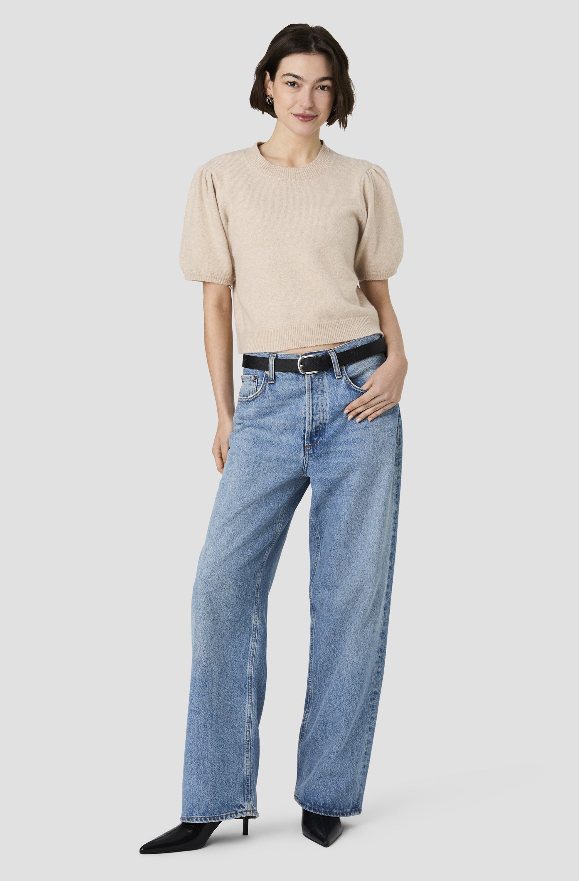 Yulia Knit Puff Sleeve Top In Oatmeal