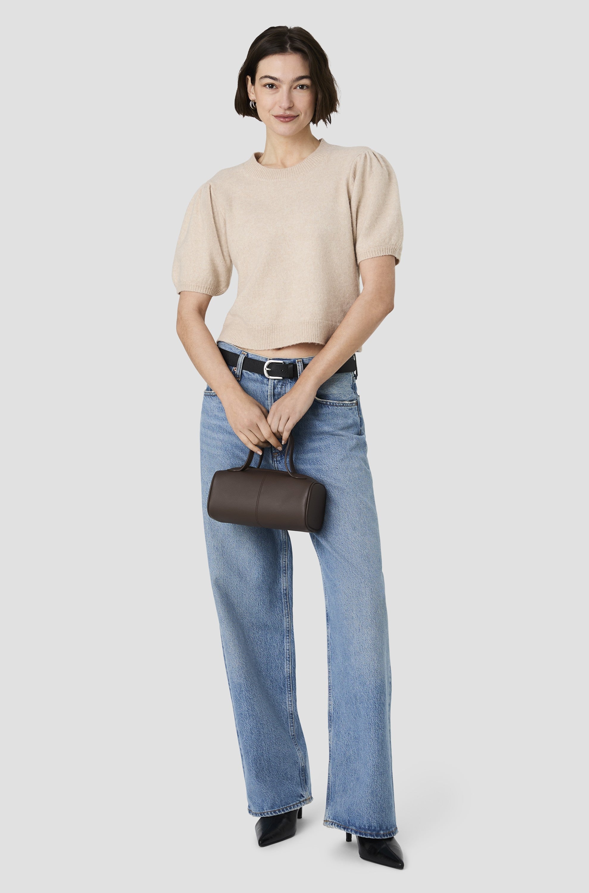 Yulia Knit Puff Sleeve Top In Oatmeal