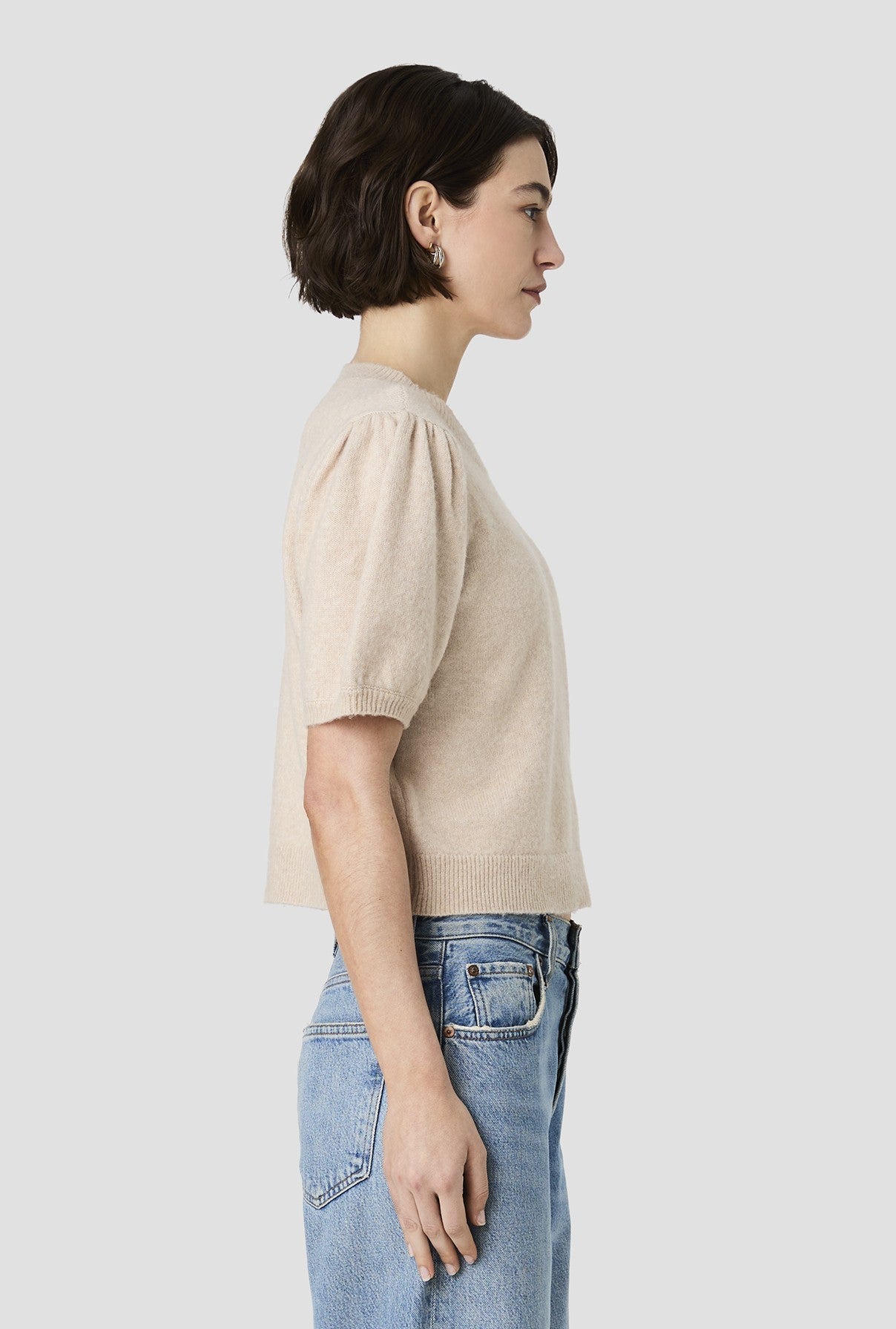 Yulia Knit Puff Sleeve Top In Oatmeal