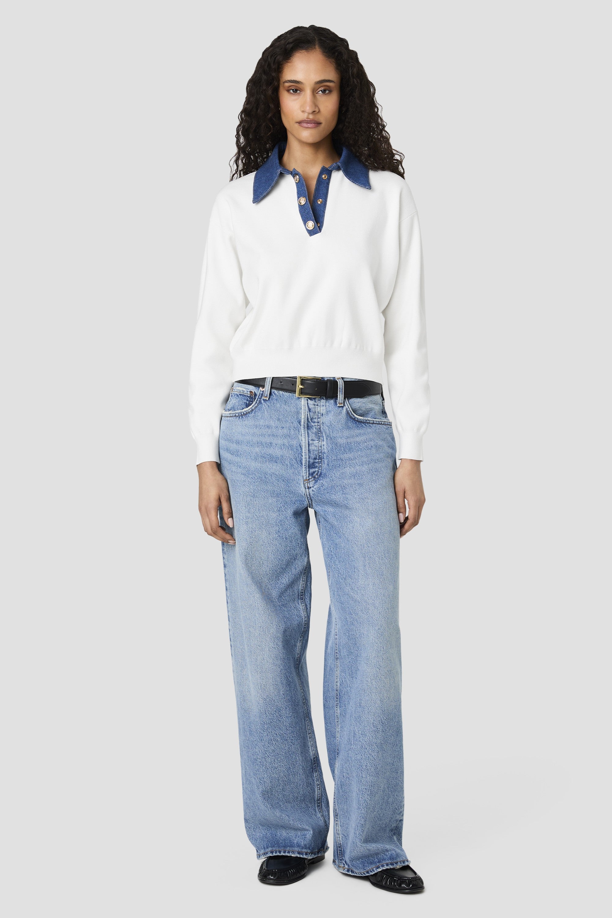 Denim/Knit Collared Sweater