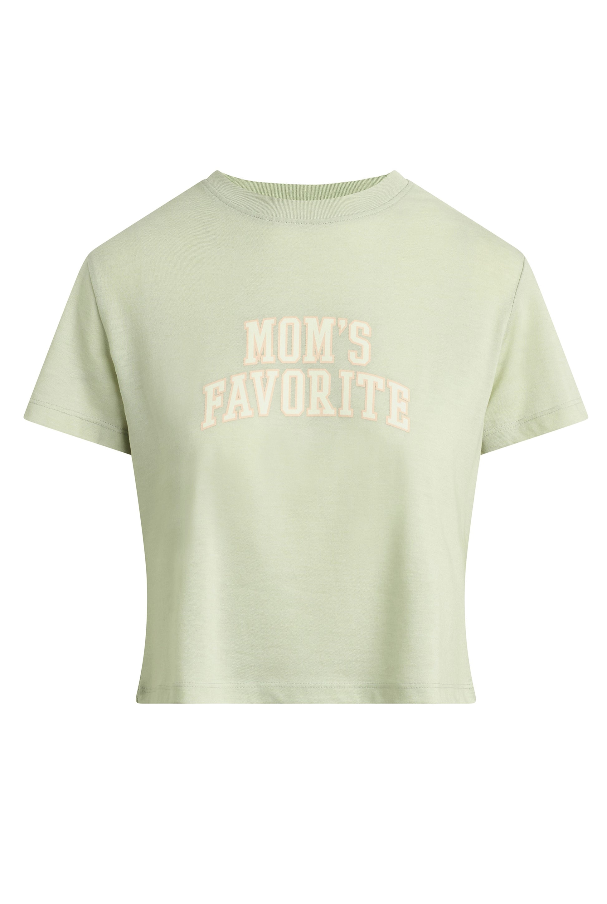 The Cropped Moms Favorite Tee by Favorite Daughter is a light green women's cropped top made from ultra-soft tri-blend cotton, featuring short sleeves and "MOMS FAVORITE" in bold white print across the chest.